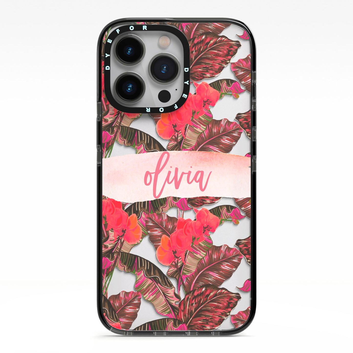 Personalised Tropical Orchid Floral iPhone 13 Pro Black Impact Case on Silver phone