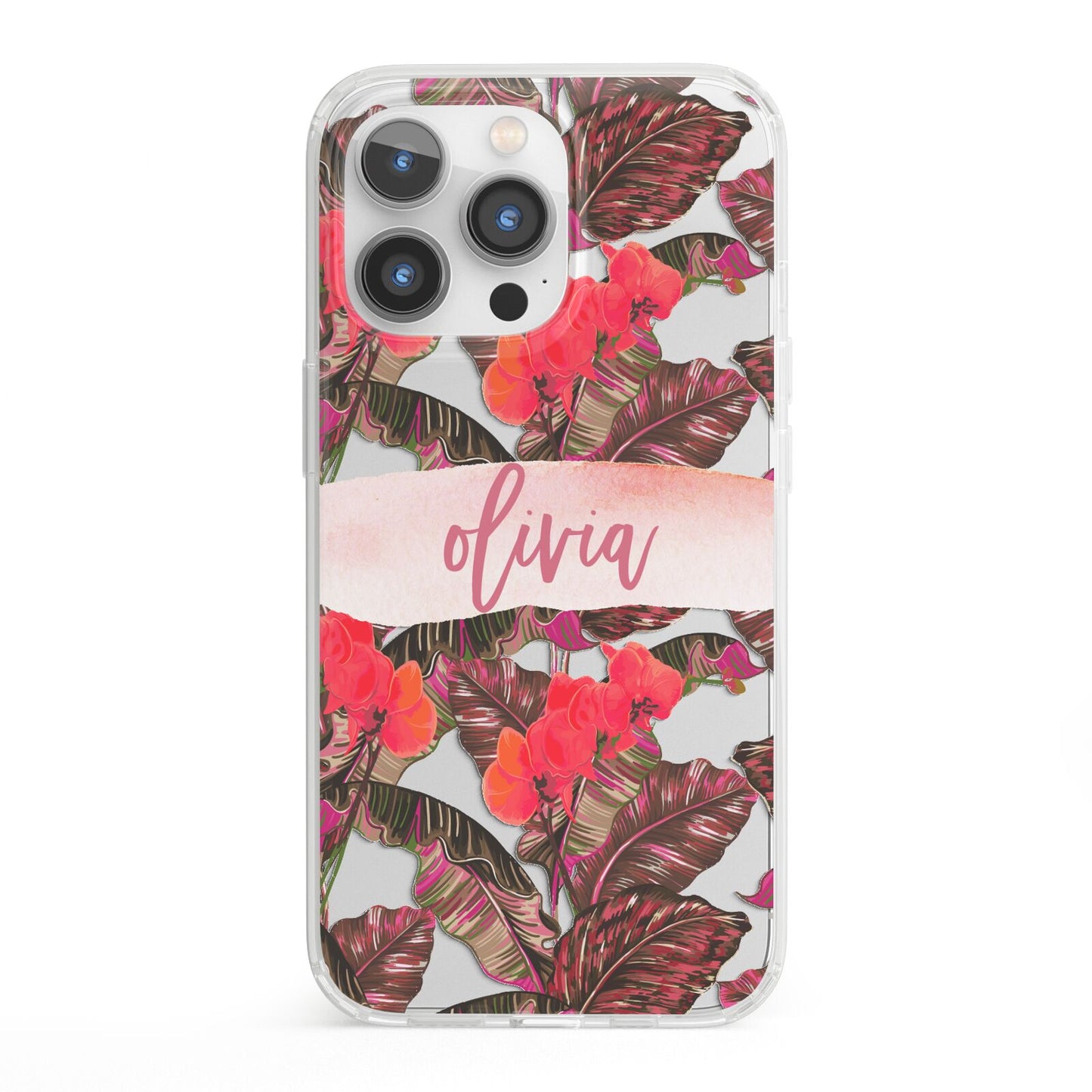 Personalised Tropical Orchid Floral iPhone 13 Pro Clear Bumper Case