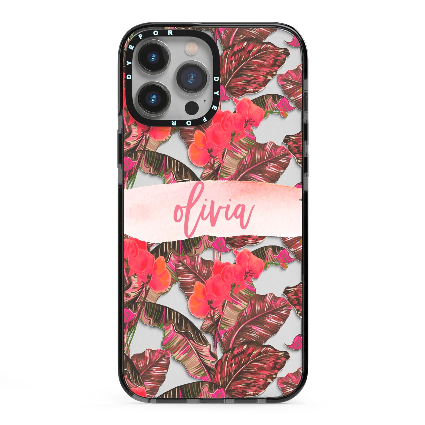Personalised Tropical Orchid Floral iPhone 13 Pro Max Black Impact Case on Silver phone