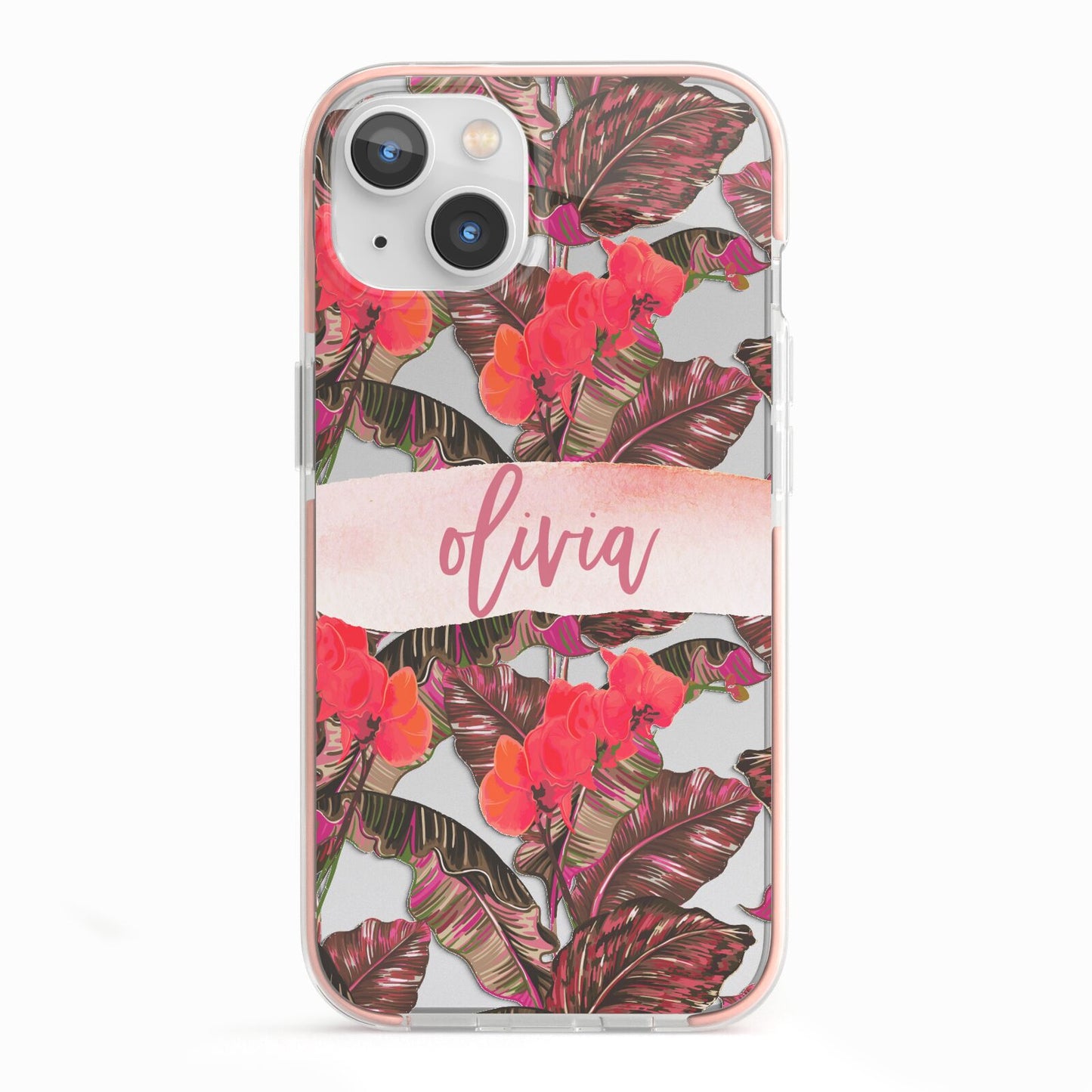 Personalised Tropical Orchid Floral iPhone 13 TPU Impact Case with Pink Edges