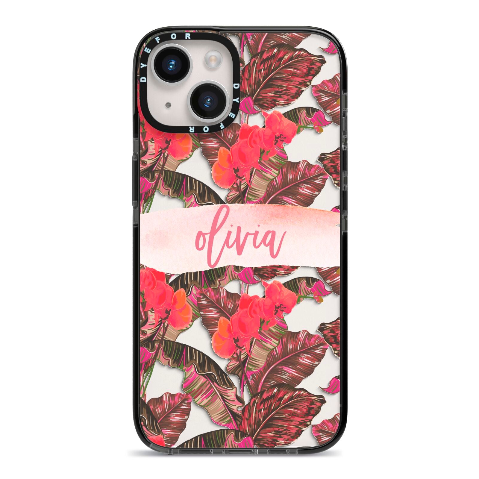 Personalised Tropical Orchid Floral iPhone 14 Black Impact Case on Silver phone