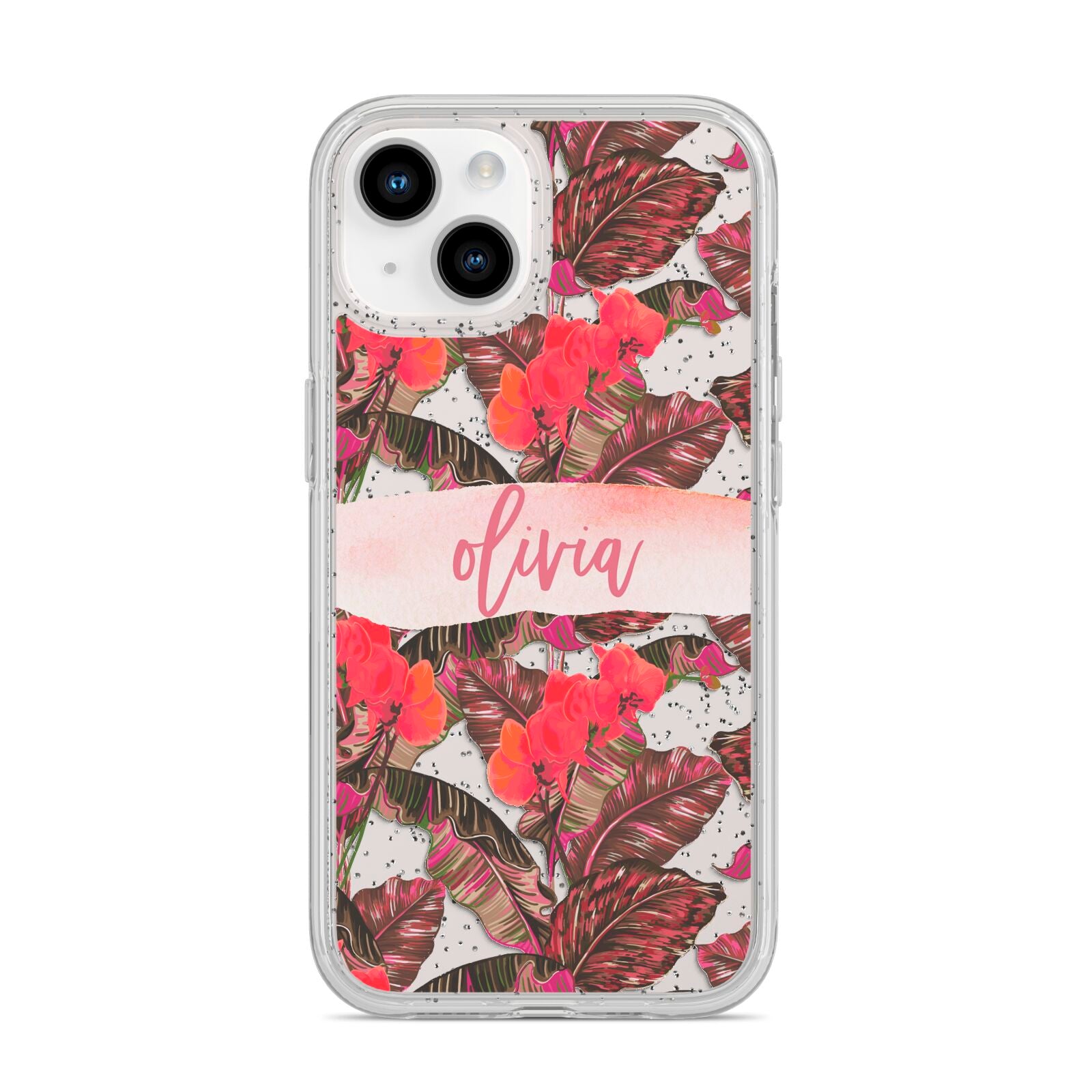 Personalised Tropical Orchid Floral iPhone 14 Glitter Tough Case Starlight