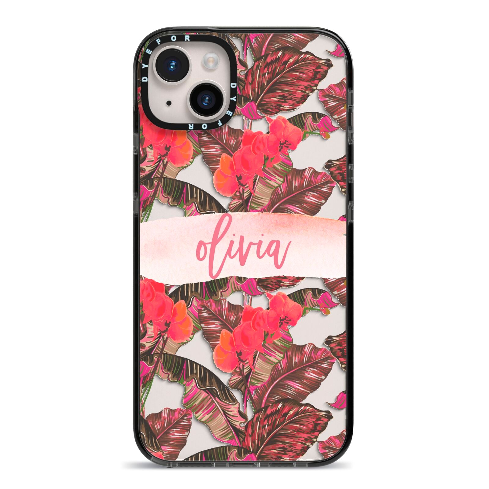 Personalised Tropical Orchid Floral iPhone 14 Plus Black Impact Case on Silver phone