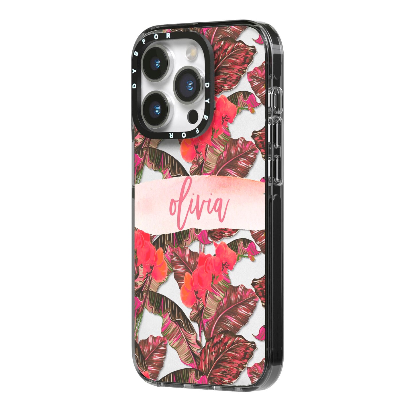 Personalised Tropical Orchid Floral iPhone 14 Pro Black Impact Case Side Angle on Silver phone