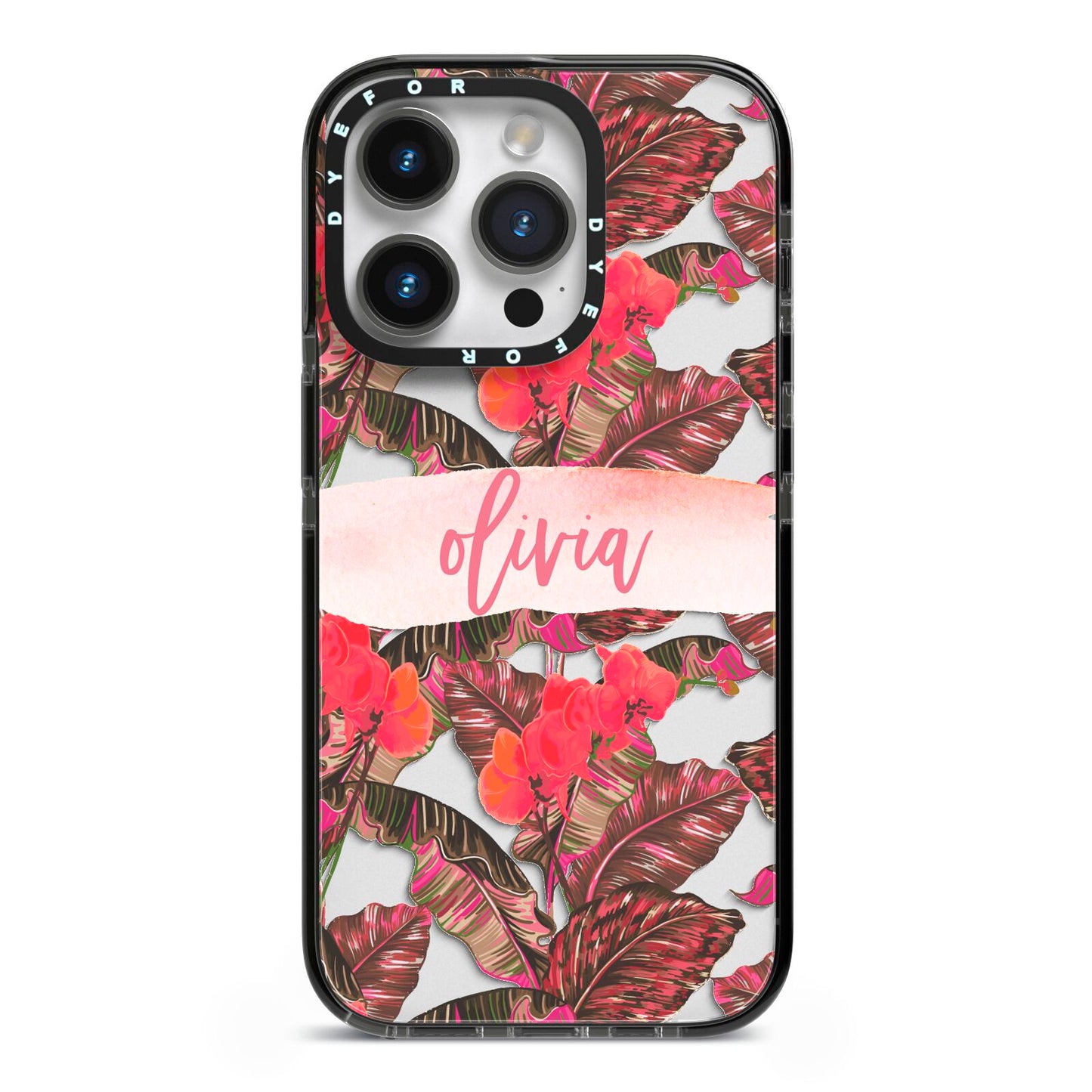 Personalised Tropical Orchid Floral iPhone 14 Pro Black Impact Case on Silver phone