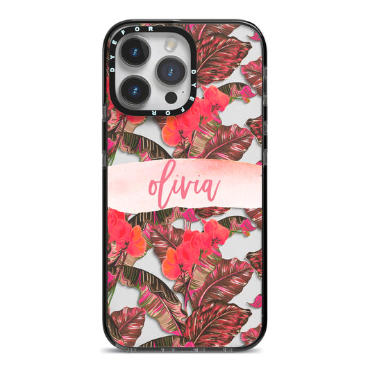 Personalised Tropical Orchid Floral iPhone 14 Pro Max Black Impact Case on Silver phone