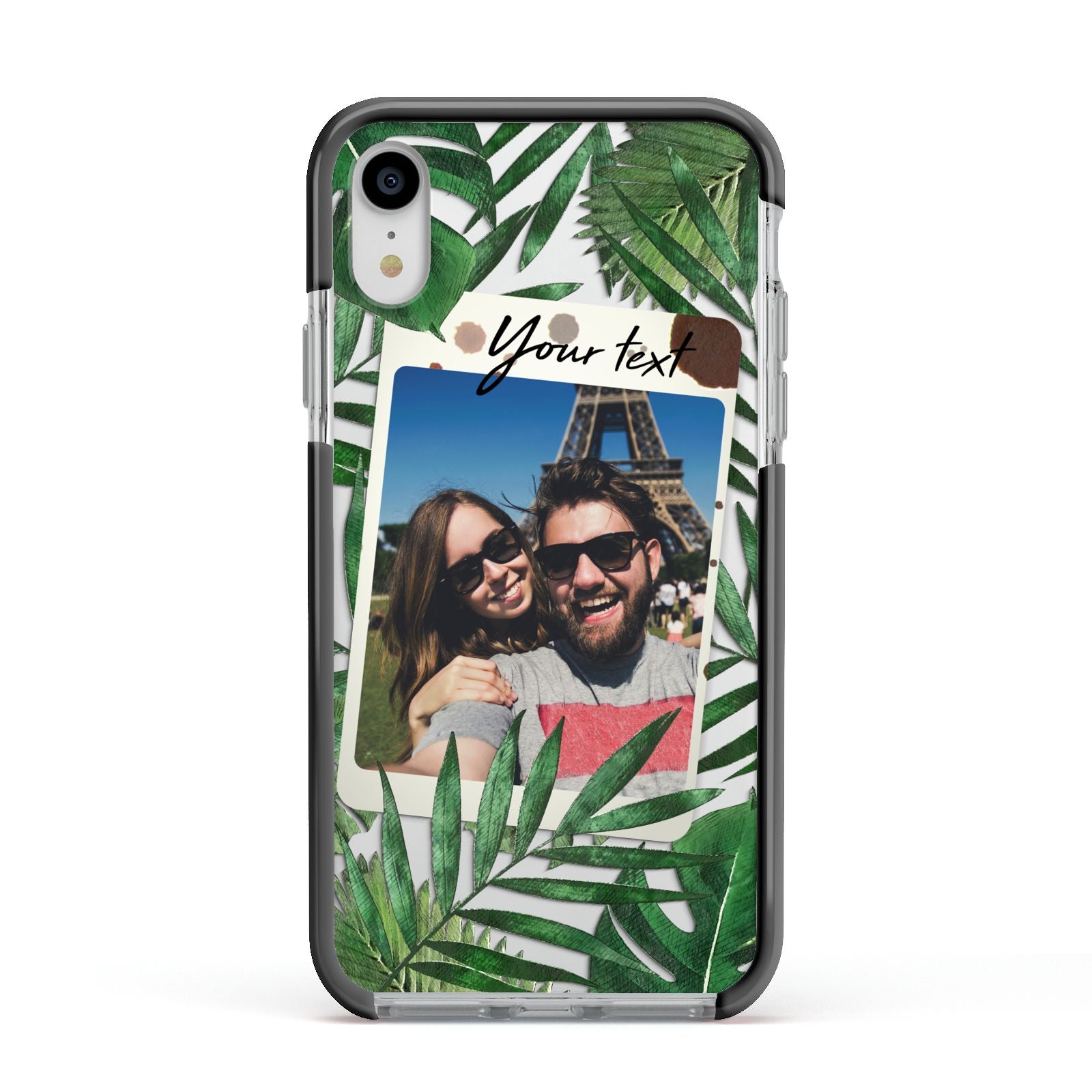 Personalised Tropical Photo Text Apple iPhone XR Impact Case Black Edge on Silver Phone