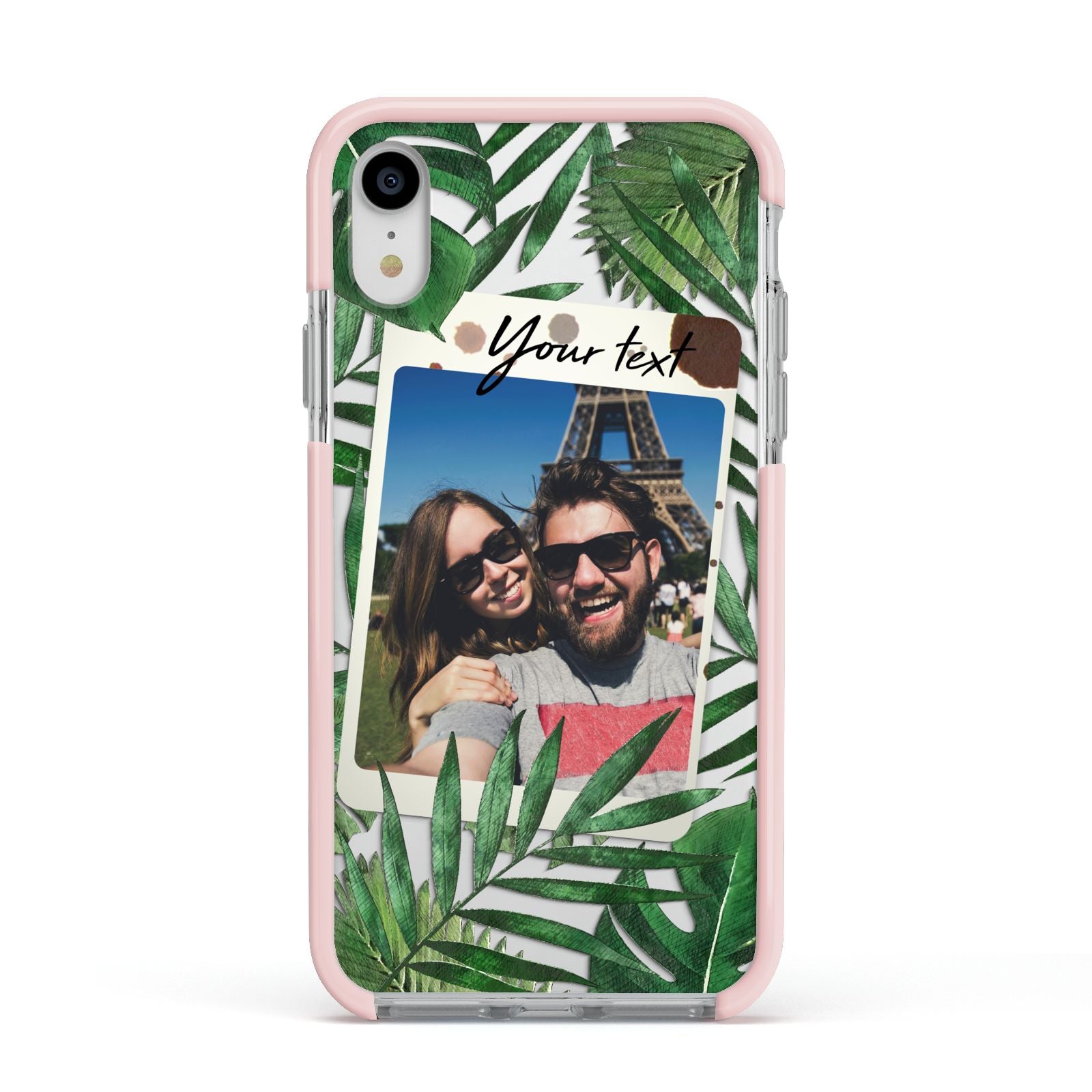 Personalised Tropical Photo Text Apple iPhone XR Impact Case Pink Edge on Silver Phone