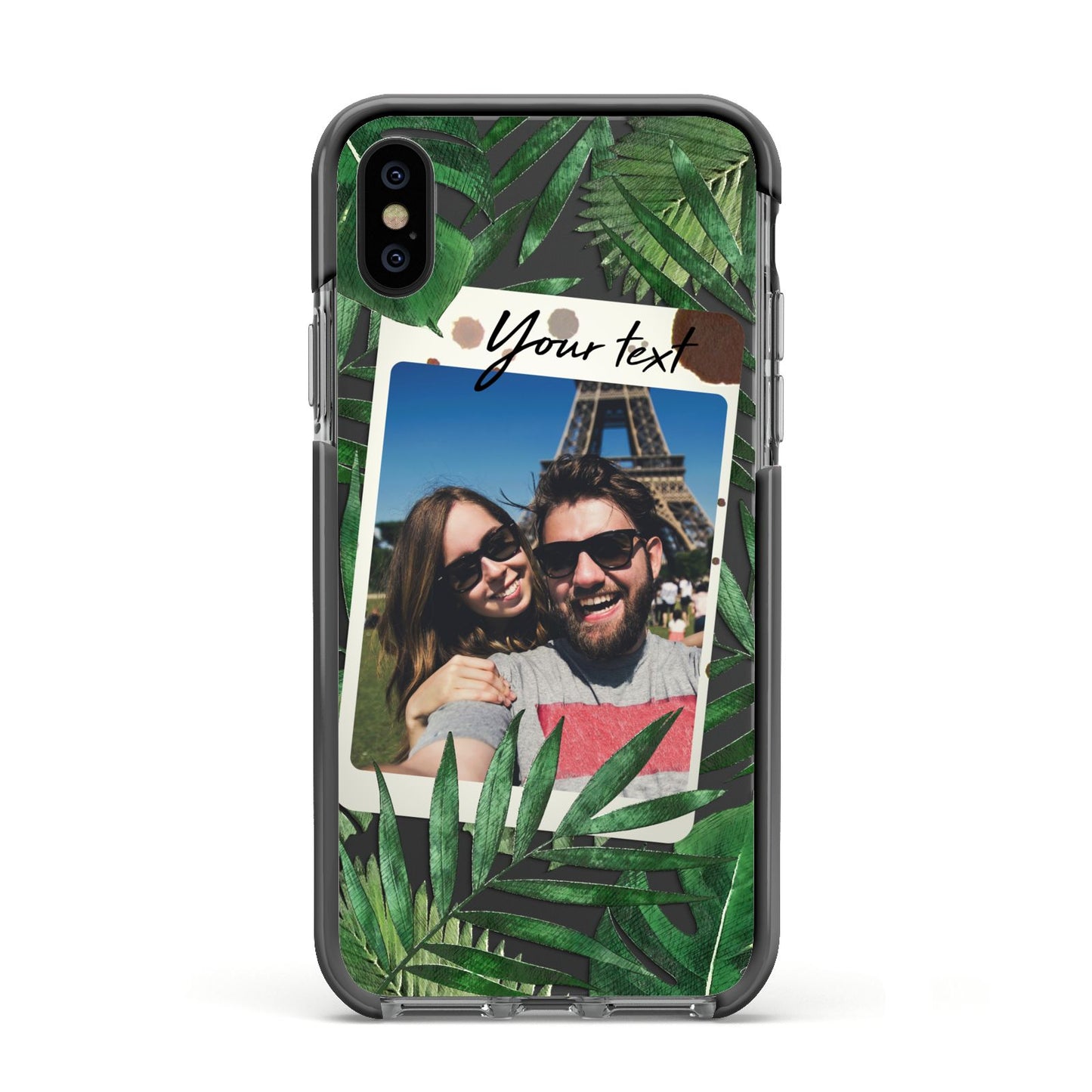 Personalised Tropical Photo Text Apple iPhone Xs Impact Case Black Edge on Black Phone