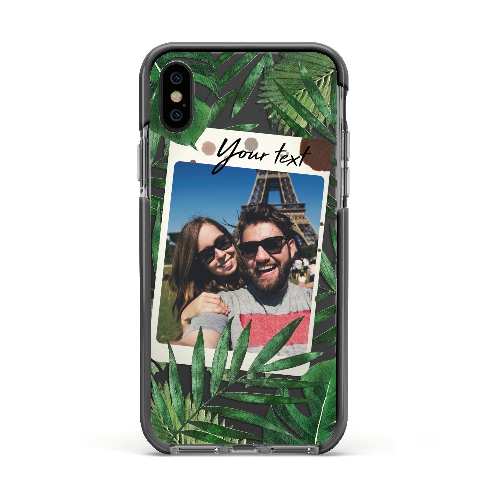 Personalised Tropical Photo Text Apple iPhone Xs Impact Case Black Edge on Black Phone