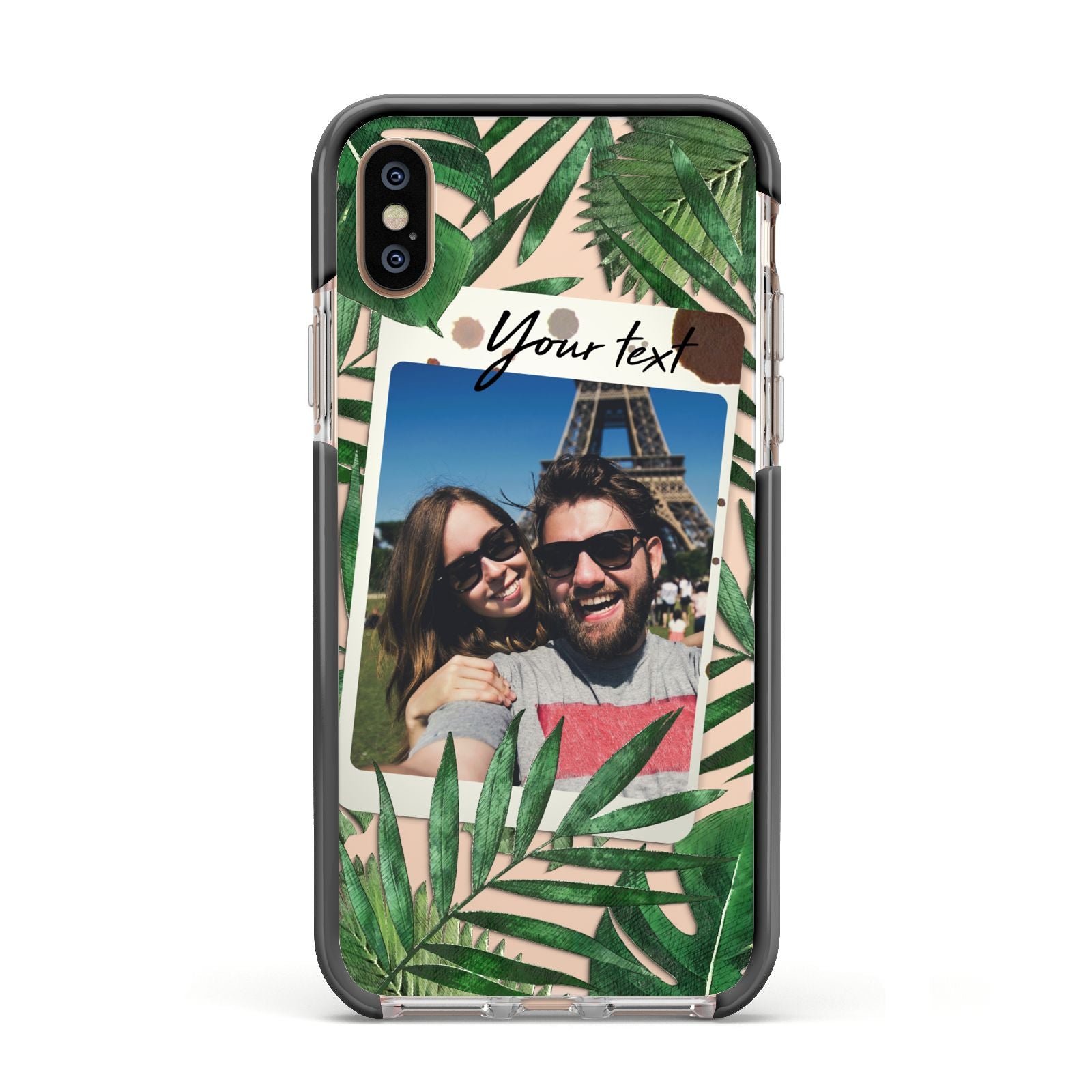 Personalised Tropical Photo Text Apple iPhone Xs Impact Case Black Edge on Gold Phone