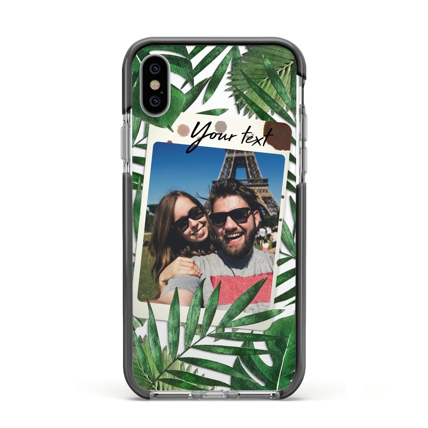 Personalised Tropical Photo Text Apple iPhone Xs Impact Case Black Edge on Silver Phone