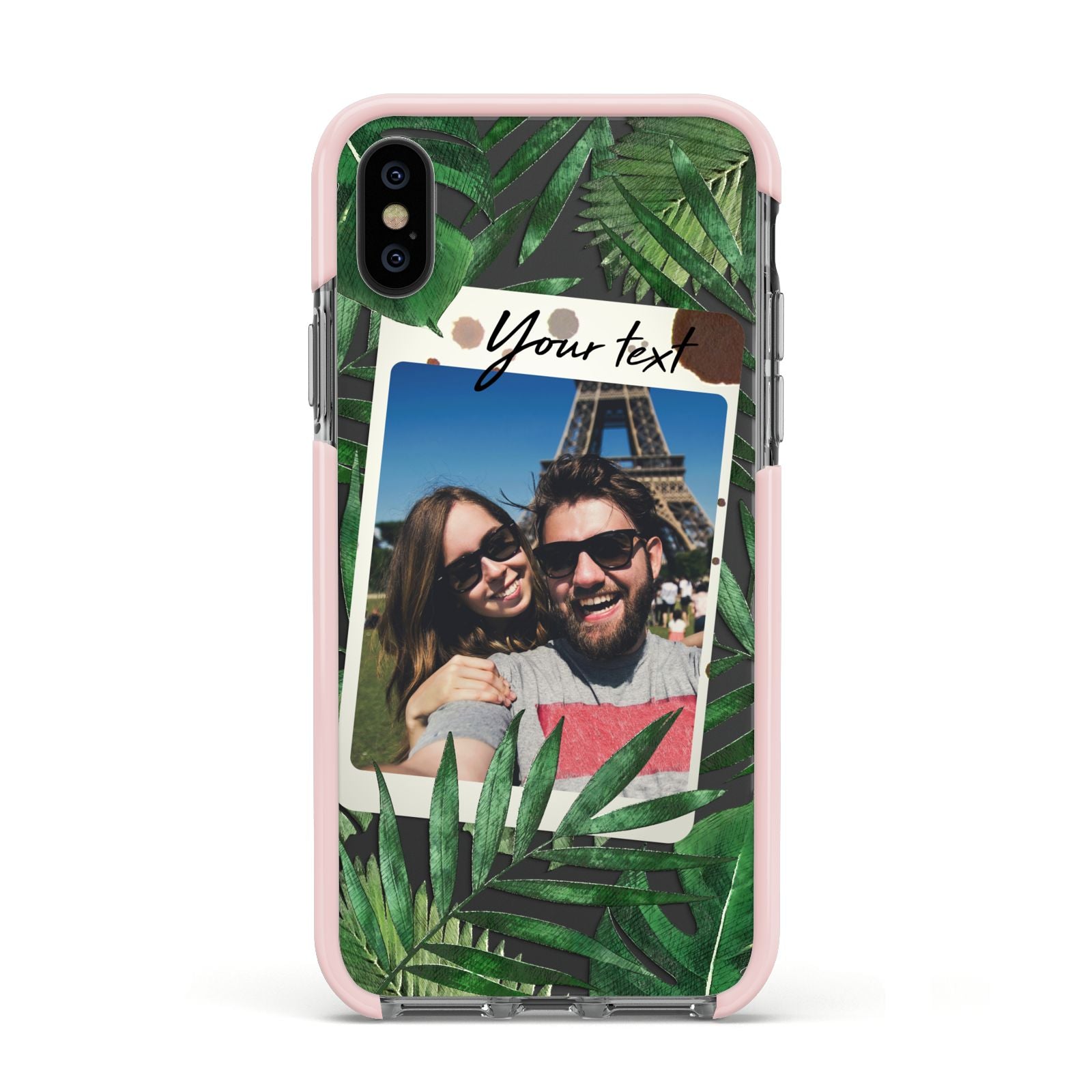 Personalised Tropical Photo Text Apple iPhone Xs Impact Case Pink Edge on Black Phone