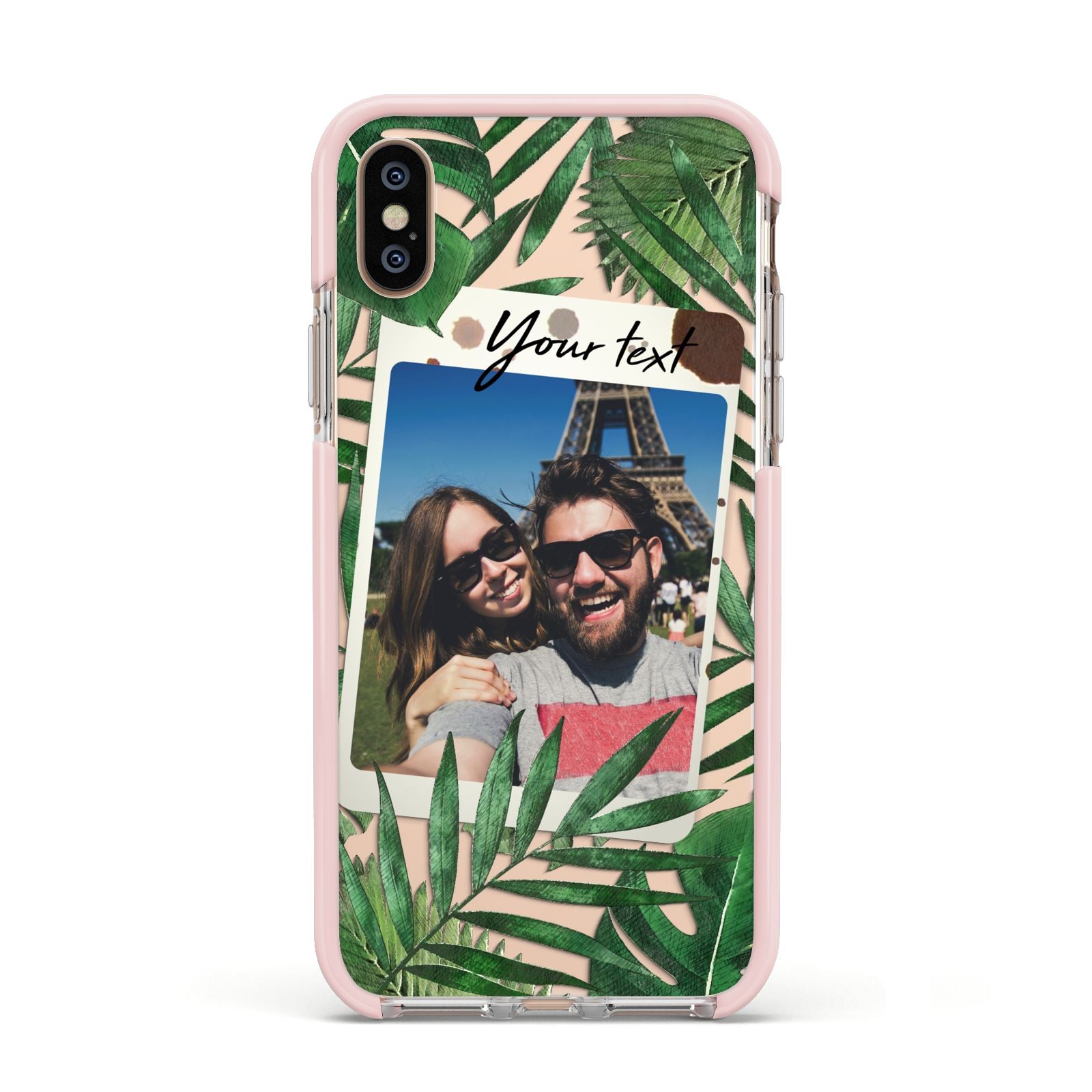 Personalised Tropical Photo Text Apple iPhone Xs Impact Case Pink Edge on Gold Phone