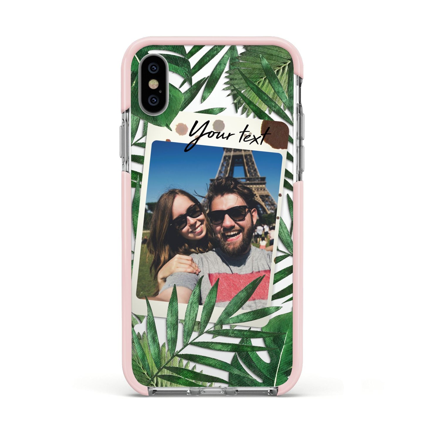 Personalised Tropical Photo Text Apple iPhone Xs Impact Case Pink Edge on Silver Phone
