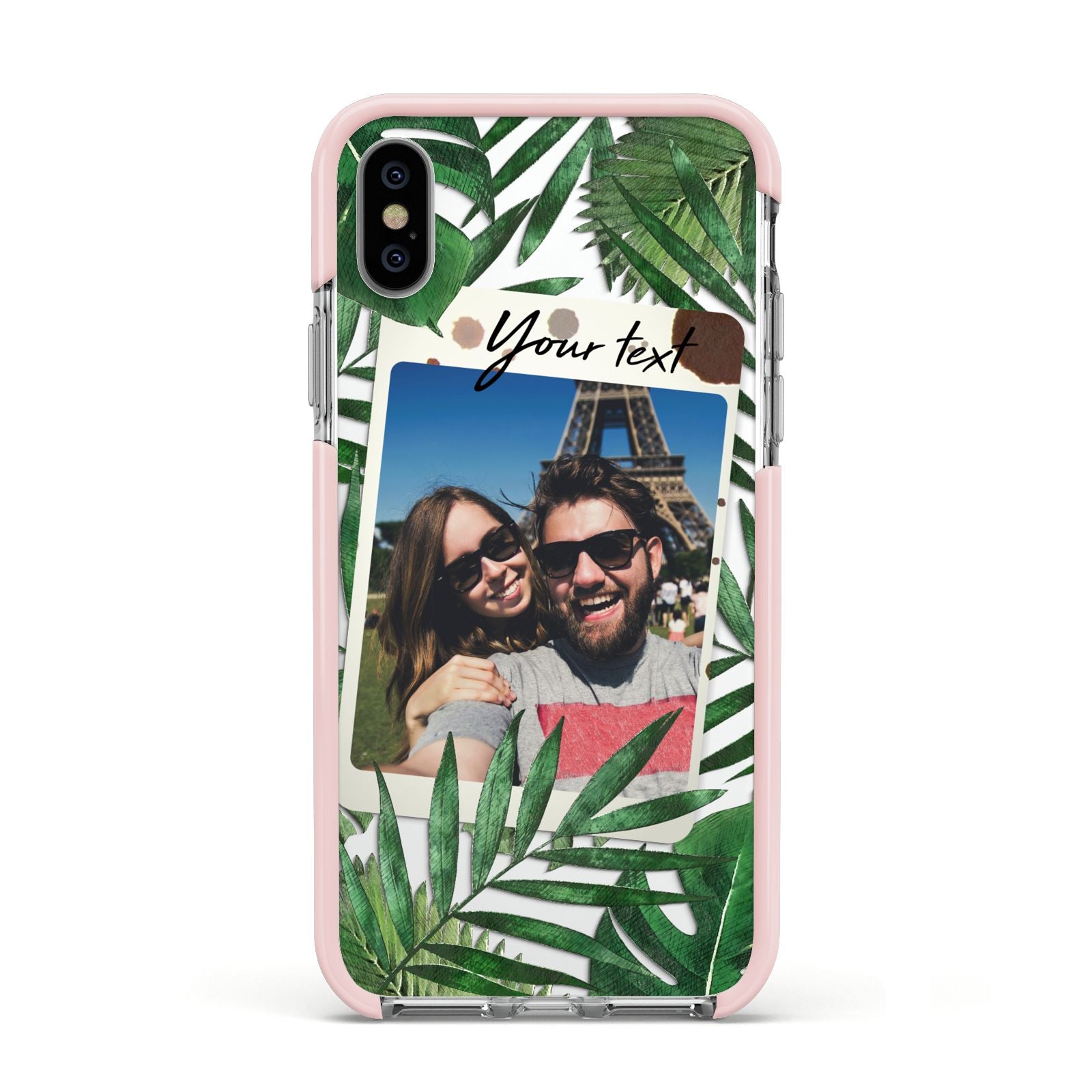 Personalised Tropical Photo Text Apple iPhone Xs Impact Case Pink Edge on Silver Phone