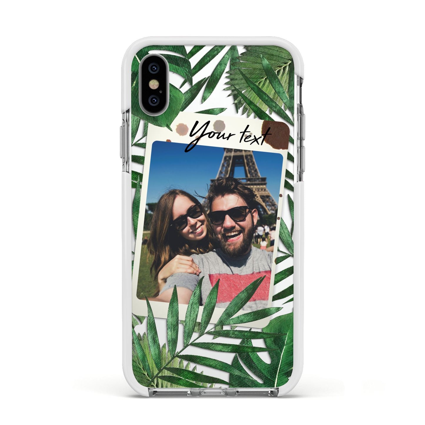 Personalised Tropical Photo Text Apple iPhone Xs Impact Case White Edge on Silver Phone