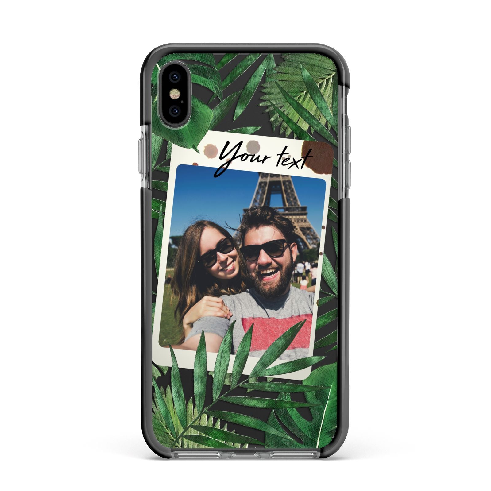 Personalised Tropical Photo Text Apple iPhone Xs Max Impact Case Black Edge on Black Phone