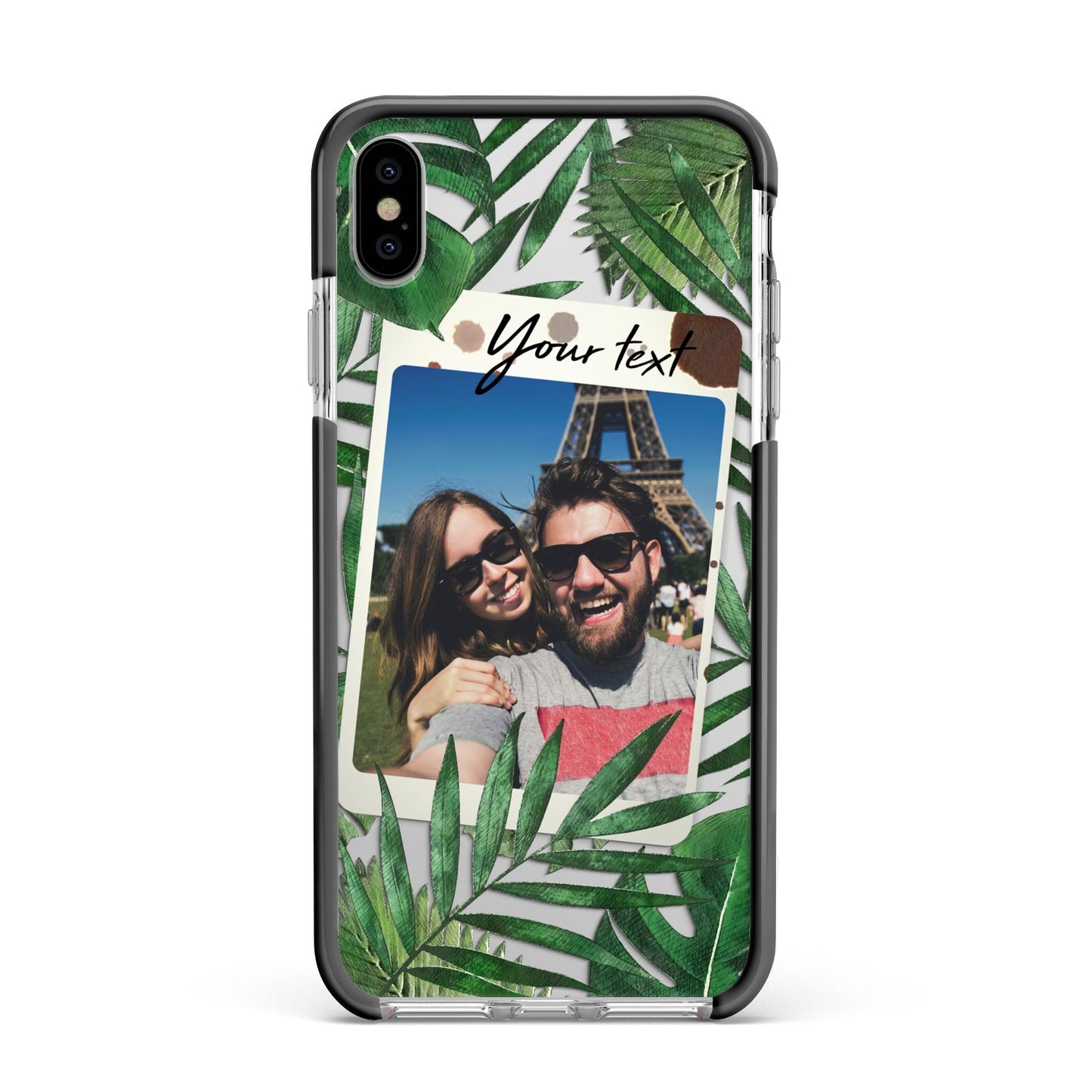 Personalised Tropical Photo Text Apple iPhone Xs Max Impact Case Black Edge on Silver Phone