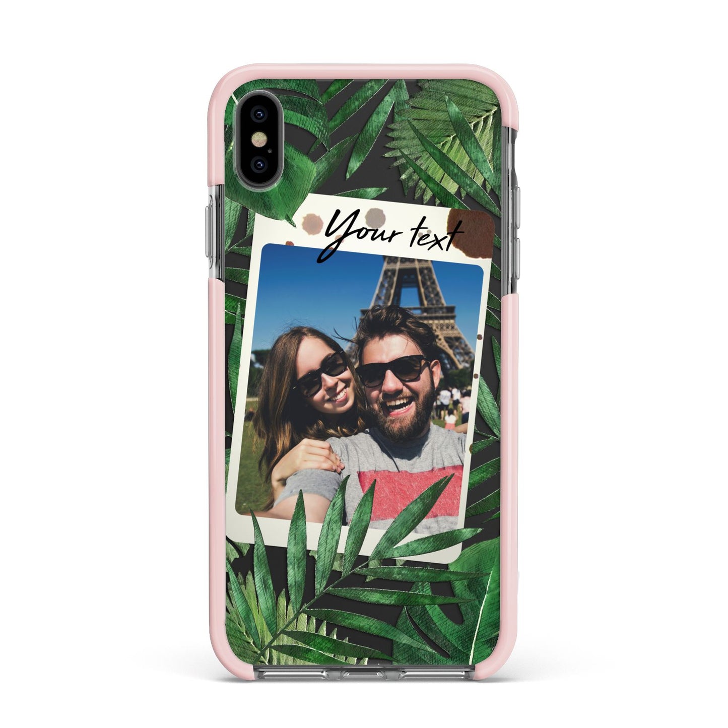 Personalised Tropical Photo Text Apple iPhone Xs Max Impact Case Pink Edge on Black Phone