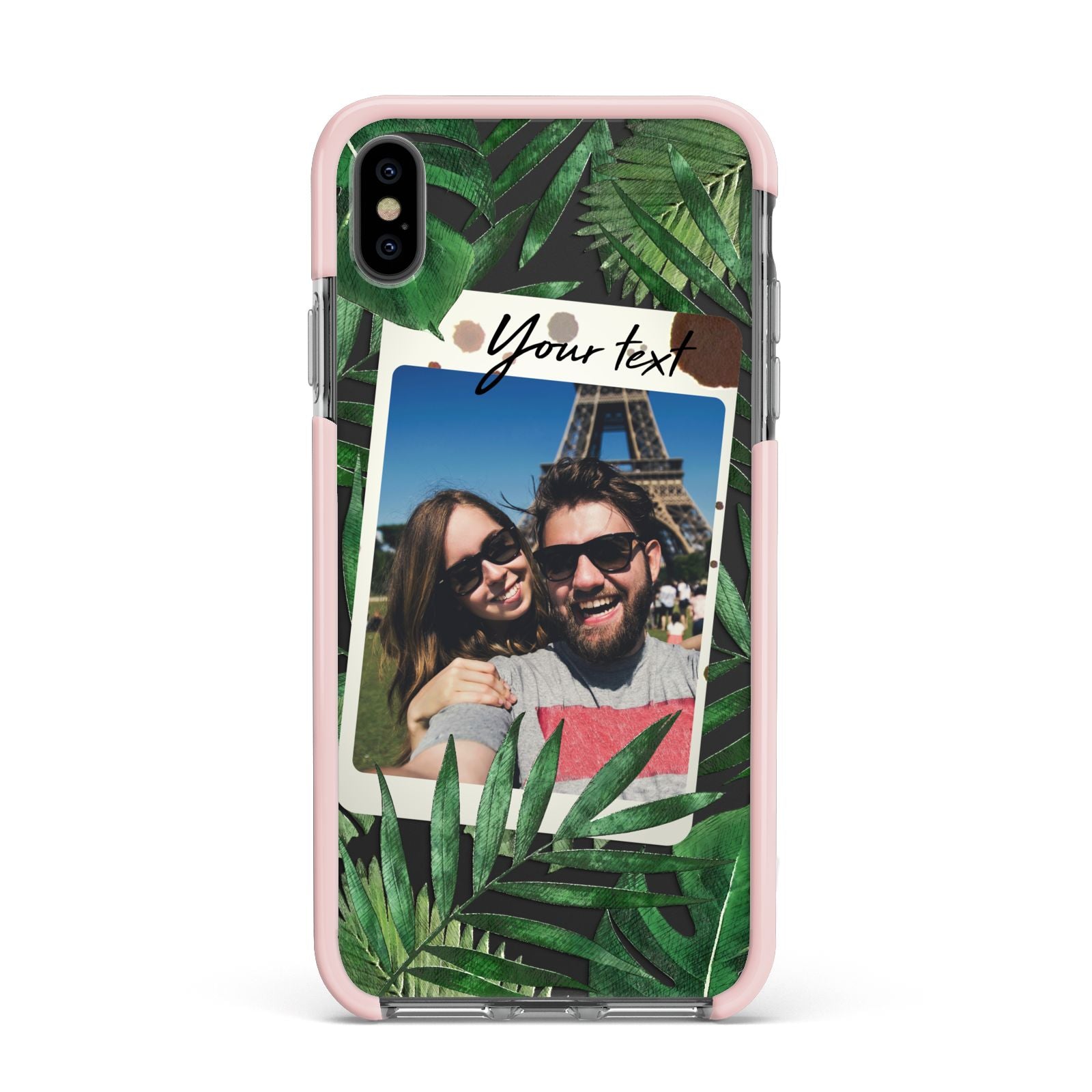 Personalised Tropical Photo Text Apple iPhone Xs Max Impact Case Pink Edge on Black Phone