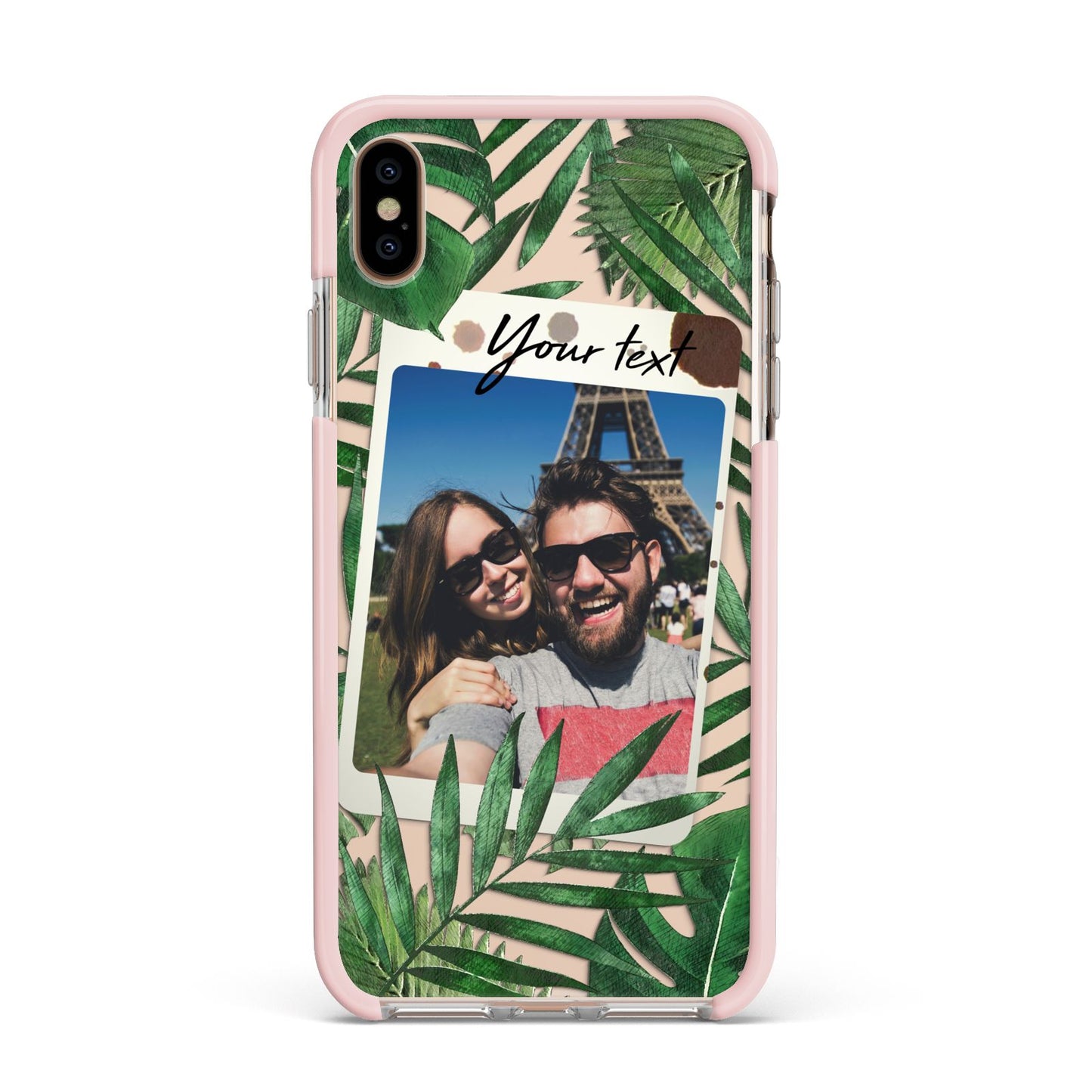 Personalised Tropical Photo Text Apple iPhone Xs Max Impact Case Pink Edge on Gold Phone