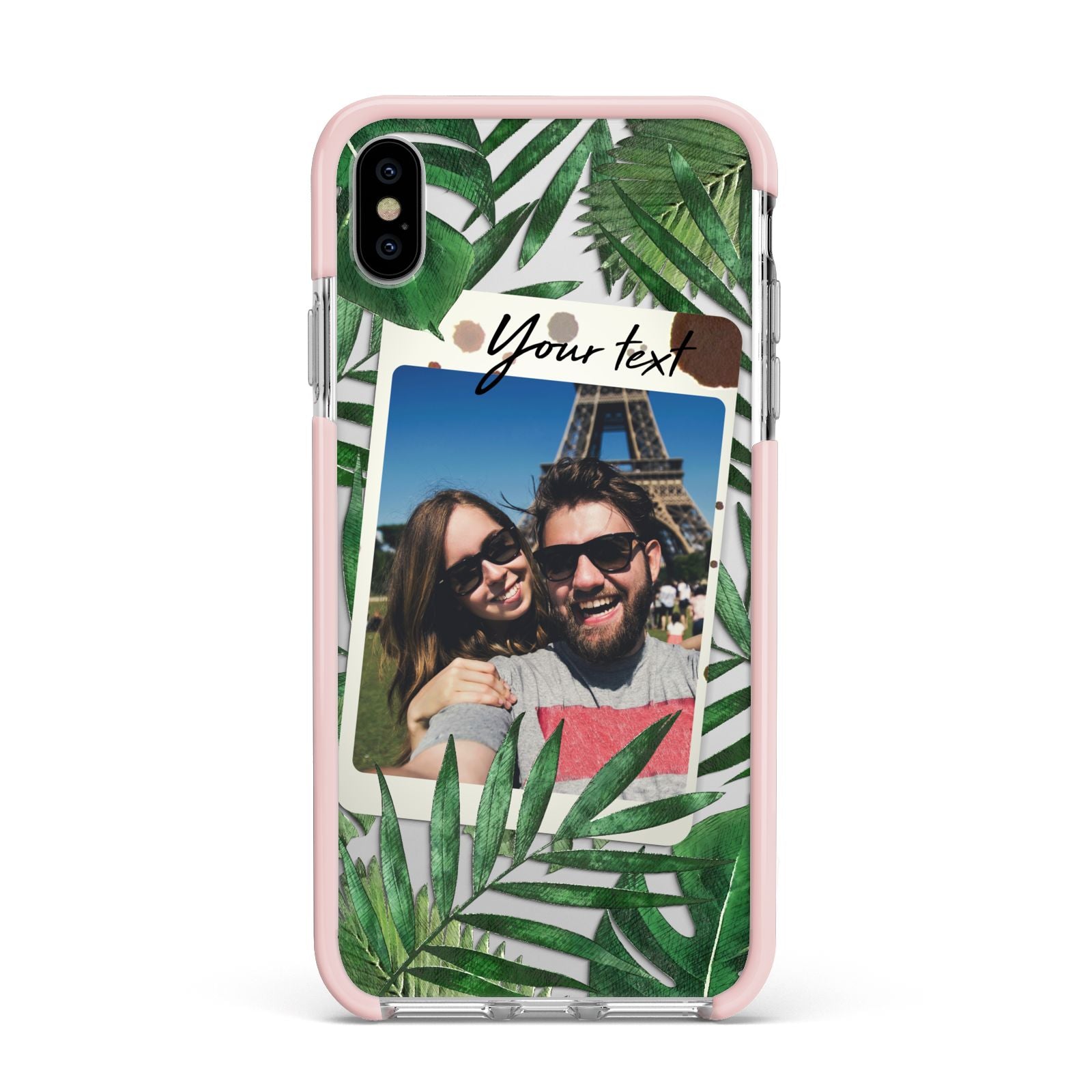 Personalised Tropical Photo Text Apple iPhone Xs Max Impact Case Pink Edge on Silver Phone