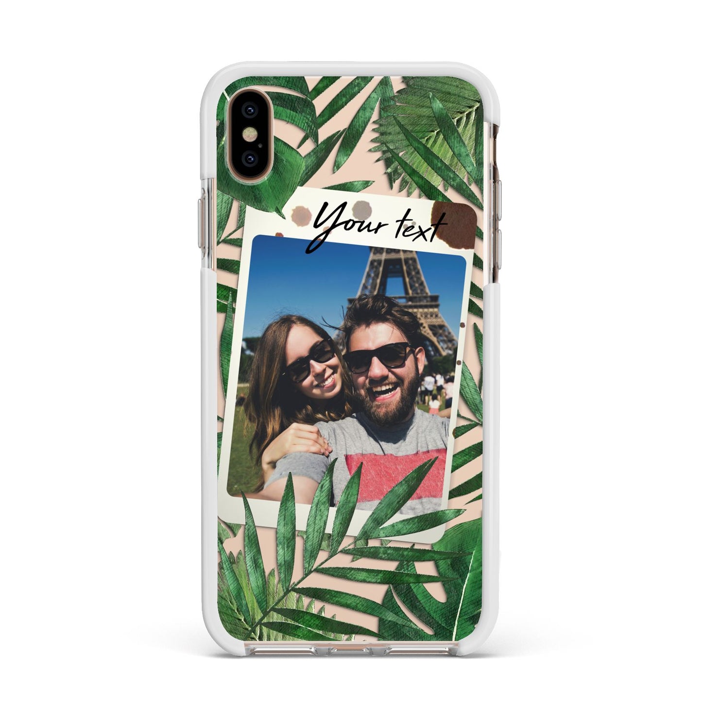 Personalised Tropical Photo Text Apple iPhone Xs Max Impact Case White Edge on Gold Phone
