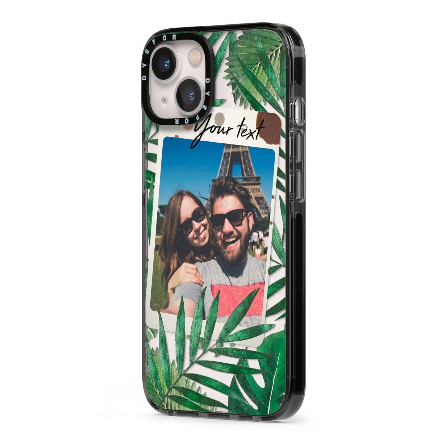 Personalised Tropical Photo Text iPhone 13 Black Impact Case Side Angle on Silver phone