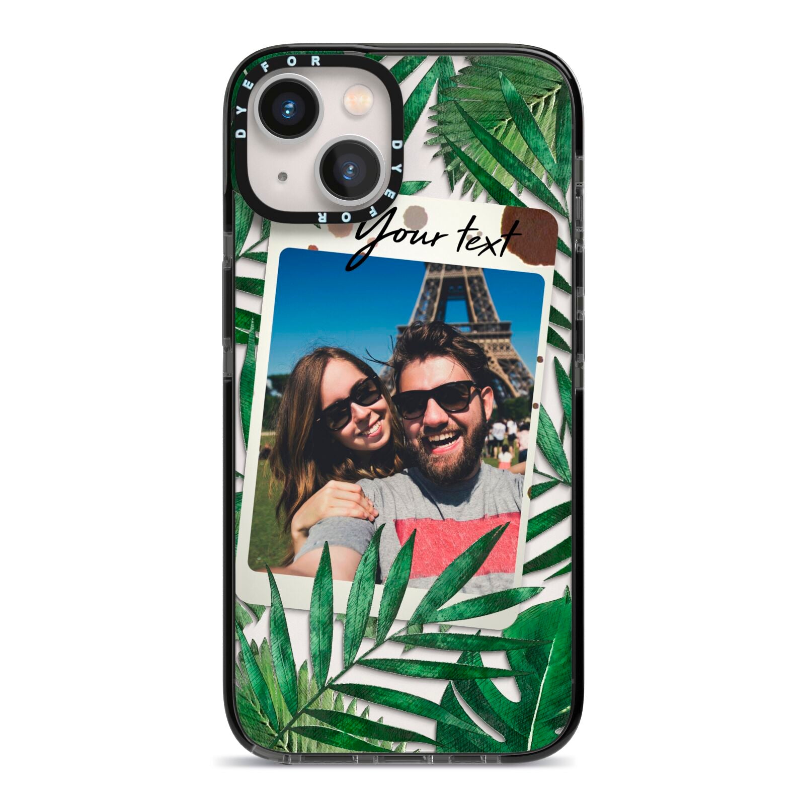 Personalised Tropical Photo Text iPhone 13 Black Impact Case on Silver phone