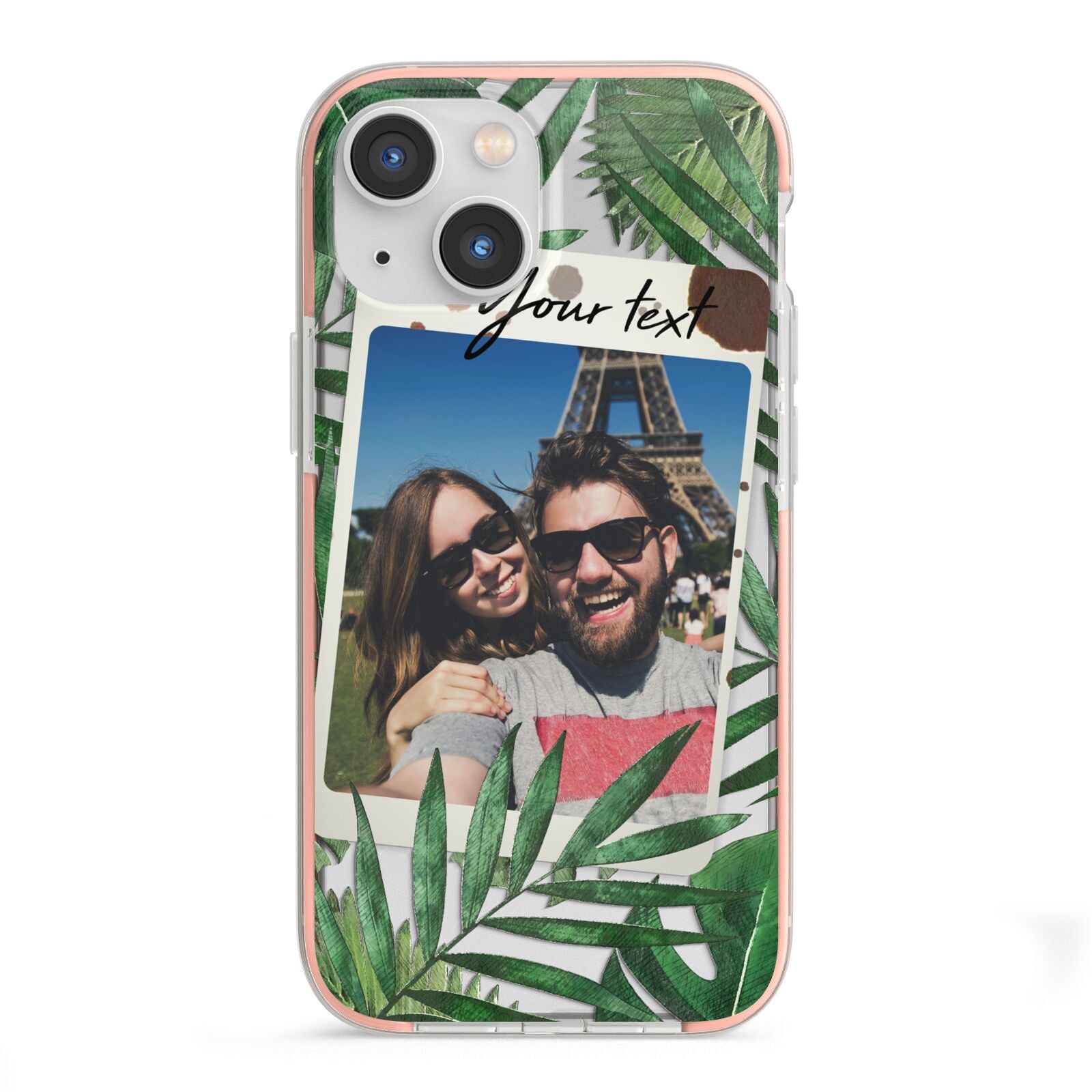 Personalised Tropical Photo Text iPhone 13 Mini TPU Impact Case with Pink Edges
