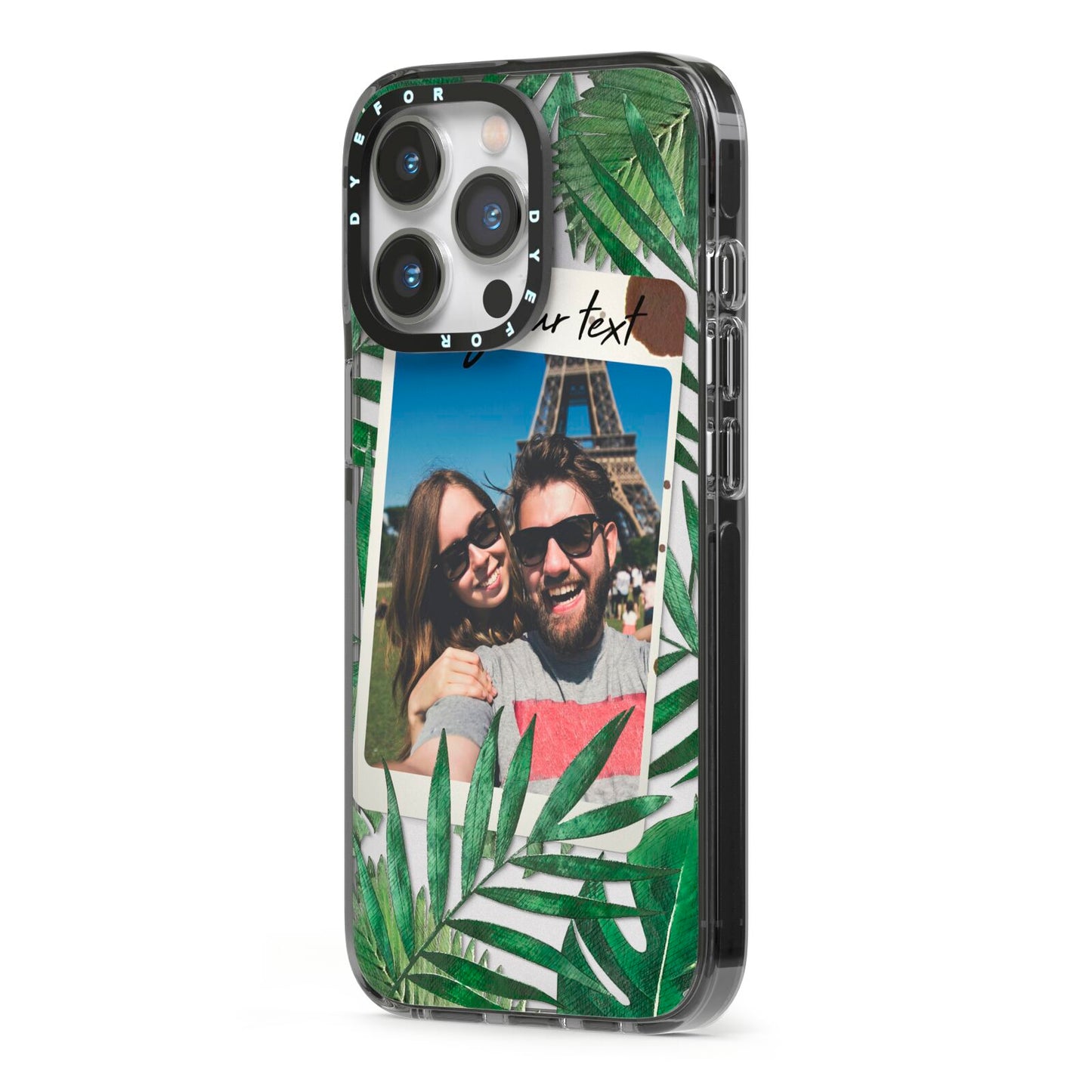 Personalised Tropical Photo Text iPhone 13 Pro Black Impact Case Side Angle on Silver phone