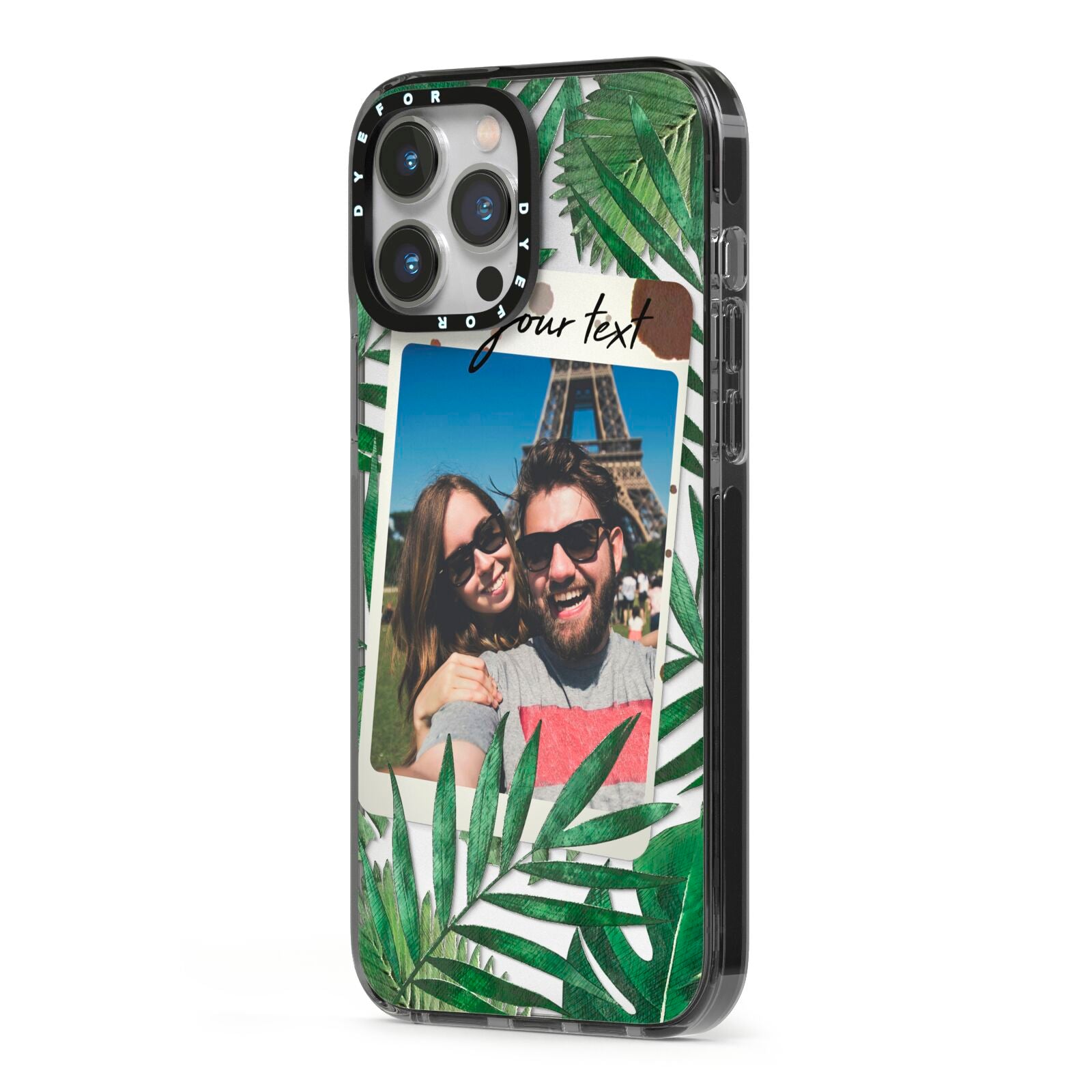 Personalised Tropical Photo Text iPhone 13 Pro Max Black Impact Case Side Angle on Silver phone