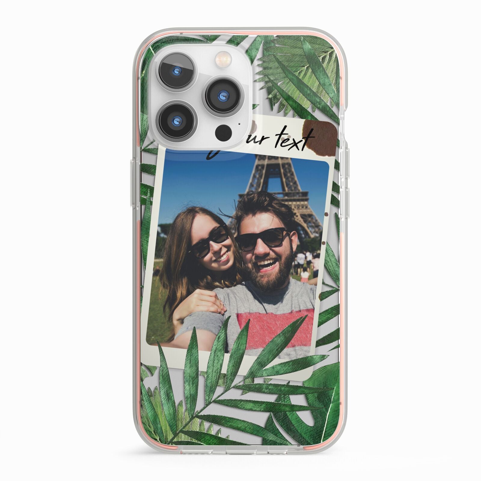 Personalised Tropical Photo Text iPhone 13 Pro TPU Impact Case with Pink Edges