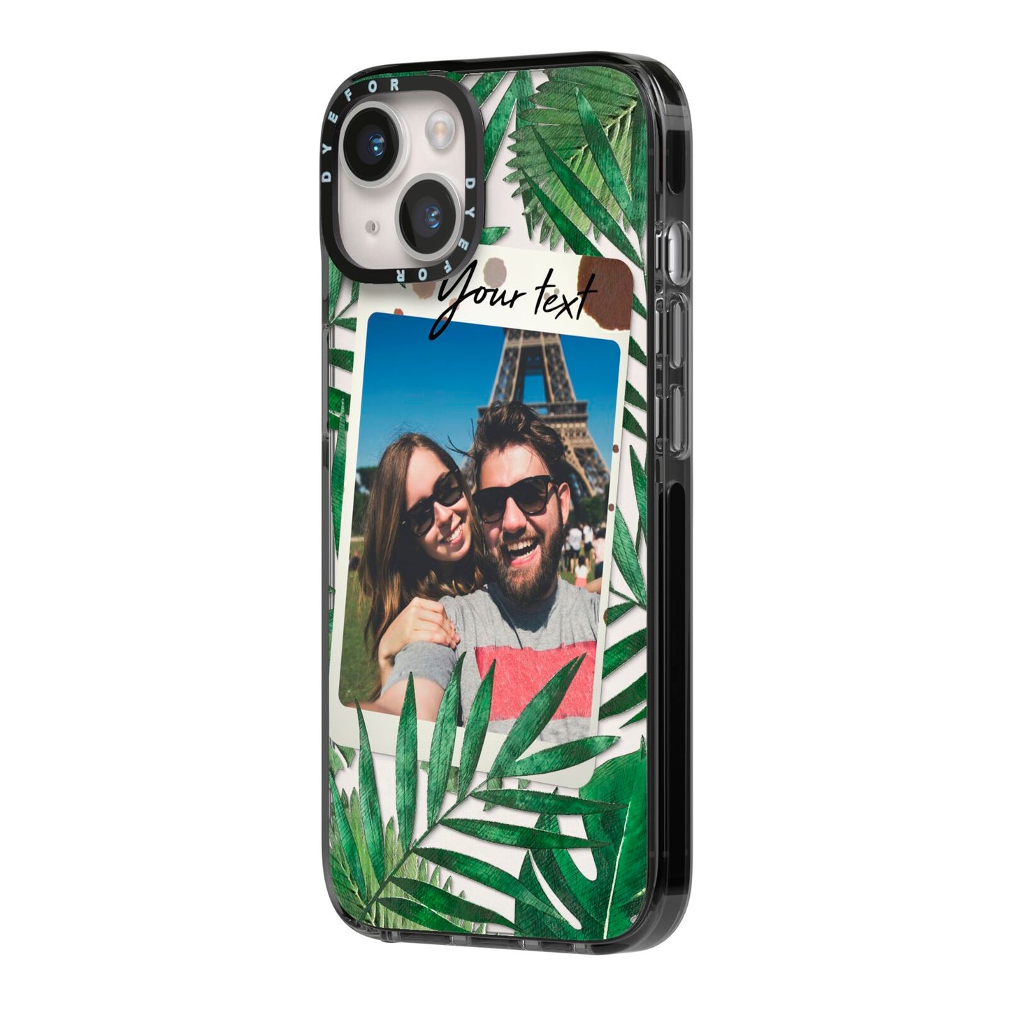 Personalised Tropical Photo Text iPhone 14 Black Impact Case Side Angle on Silver phone