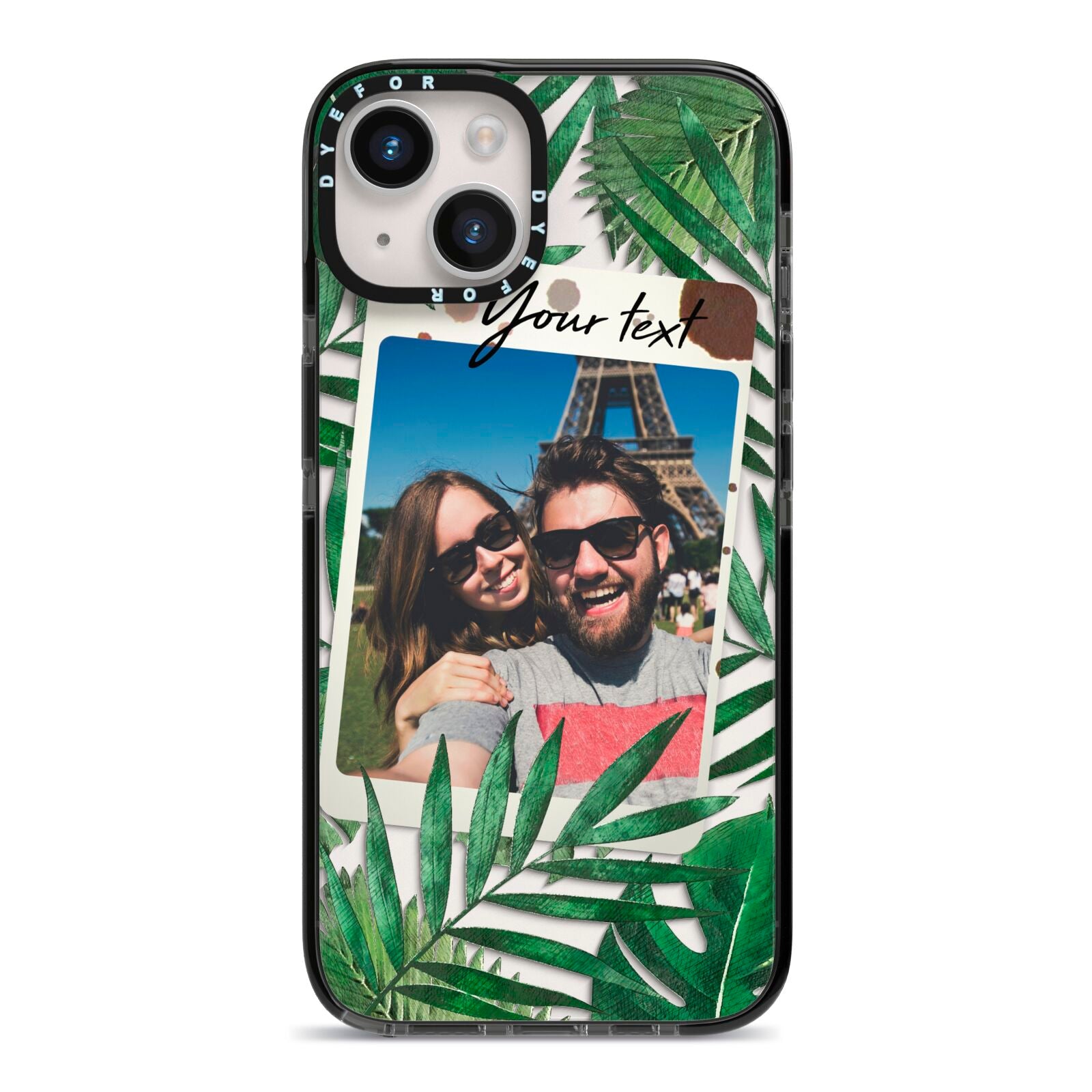 Personalised Tropical Photo Text iPhone 14 Black Impact Case on Silver phone