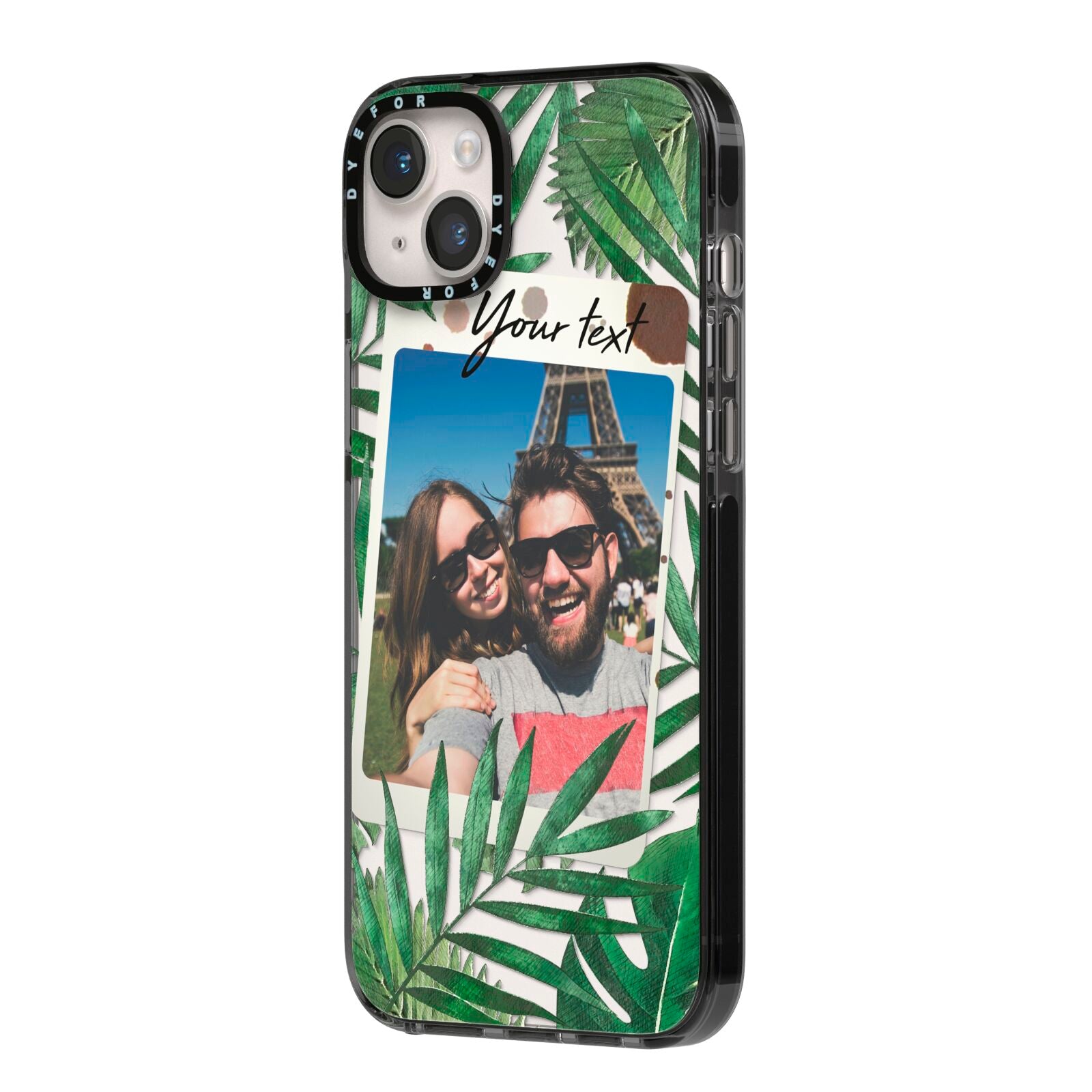 Personalised Tropical Photo Text iPhone 14 Plus Black Impact Case Side Angle on Silver phone
