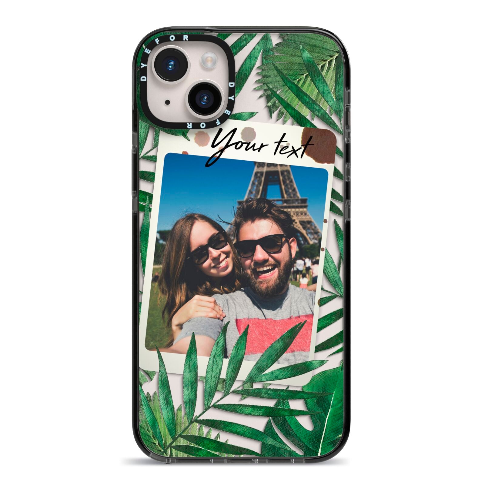 Personalised Tropical Photo Text iPhone 14 Plus Black Impact Case on Silver phone