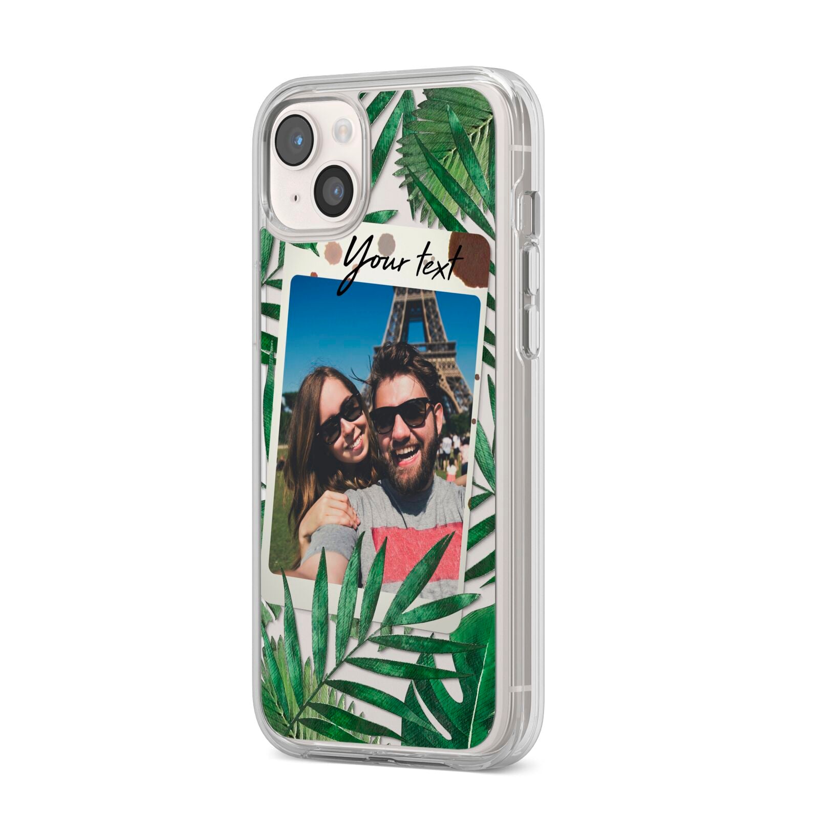 Personalised Tropical Photo Text iPhone 14 Plus Clear Tough Case Starlight Angled Image
