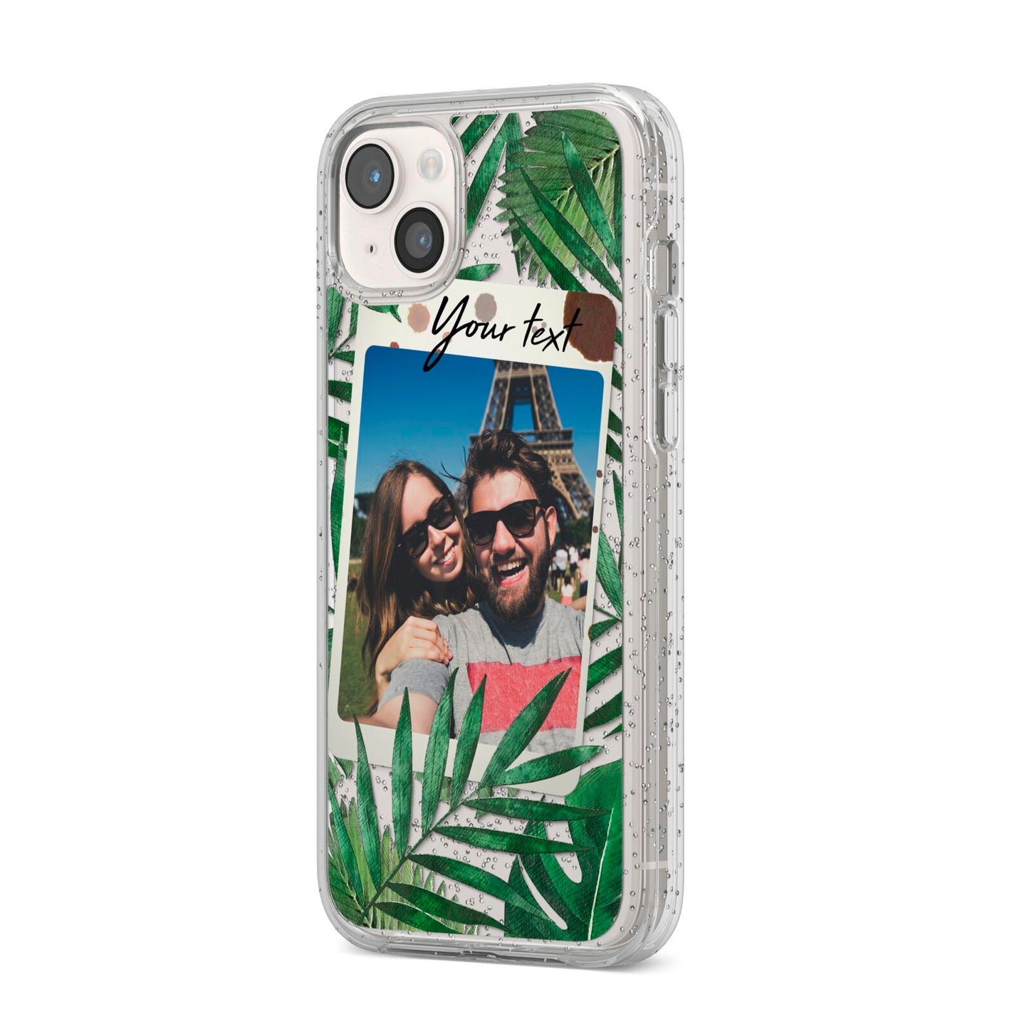 Personalised Tropical Photo Text iPhone 14 Plus Glitter Tough Case Starlight Angled Image