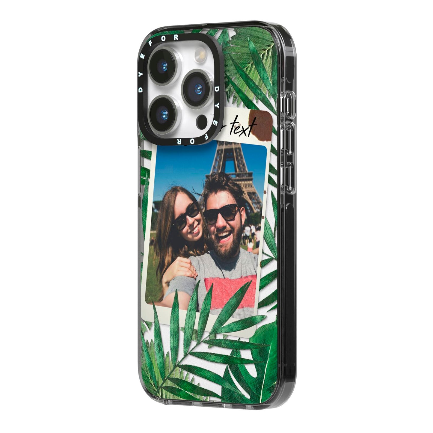 Personalised Tropical Photo Text iPhone 14 Pro Black Impact Case Side Angle on Silver phone