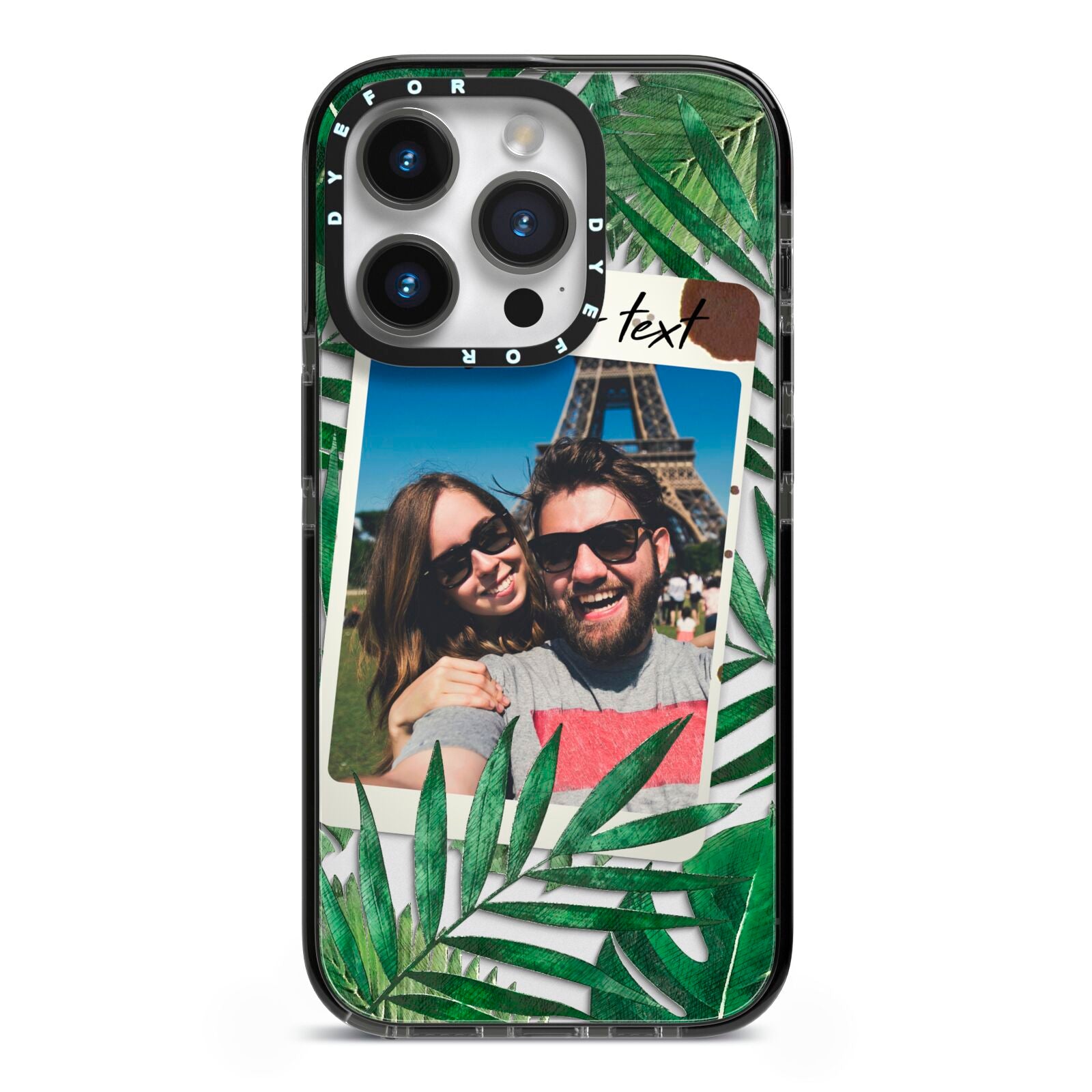 Personalised Tropical Photo Text iPhone 14 Pro Black Impact Case on Silver phone