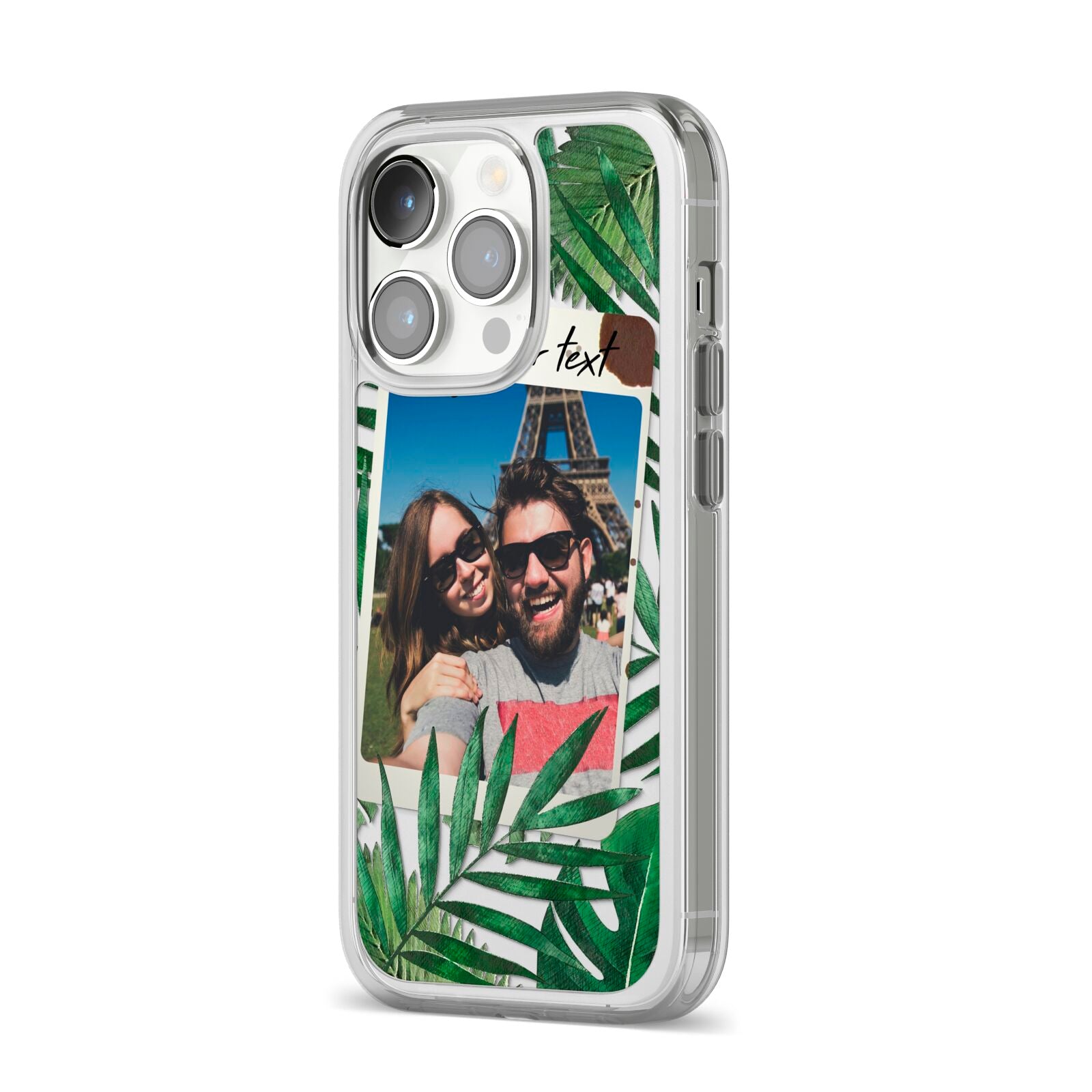 Personalised Tropical Photo Text iPhone 14 Pro Clear Tough Case Silver Angled Image