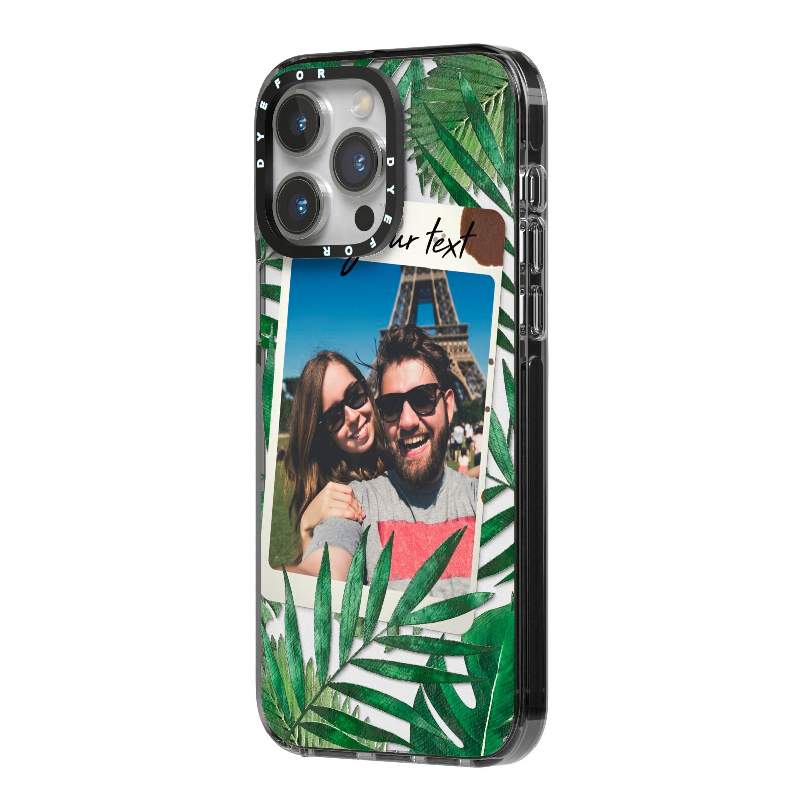 Personalised Tropical Photo Text iPhone 14 Pro Max Black Impact Case Side Angle on Silver phone
