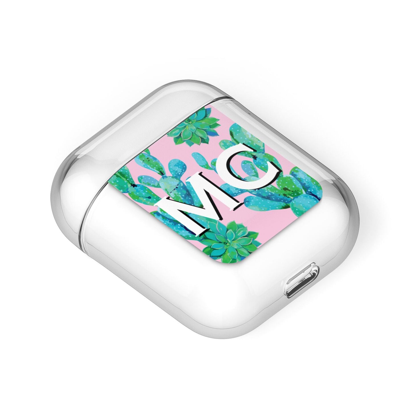 Personalised Tropical Pink Cactus AirPods Case Laid Flat