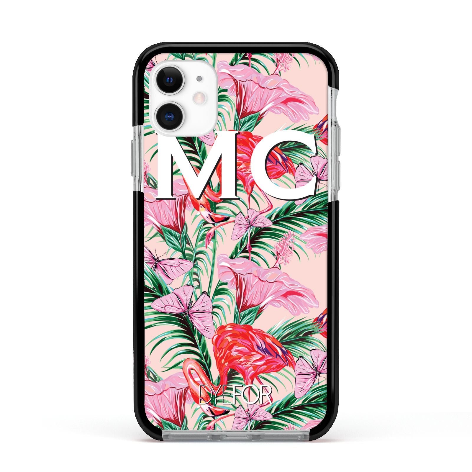 Personalised Tropical Pink Flamingo Apple iPhone 11 in White with Black Impact Case