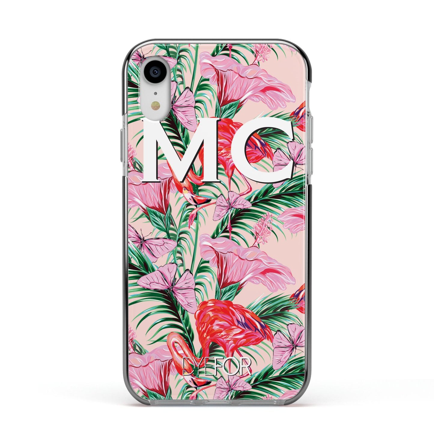 Personalised Tropical Pink Flamingo Apple iPhone XR Impact Case Black Edge on Silver Phone