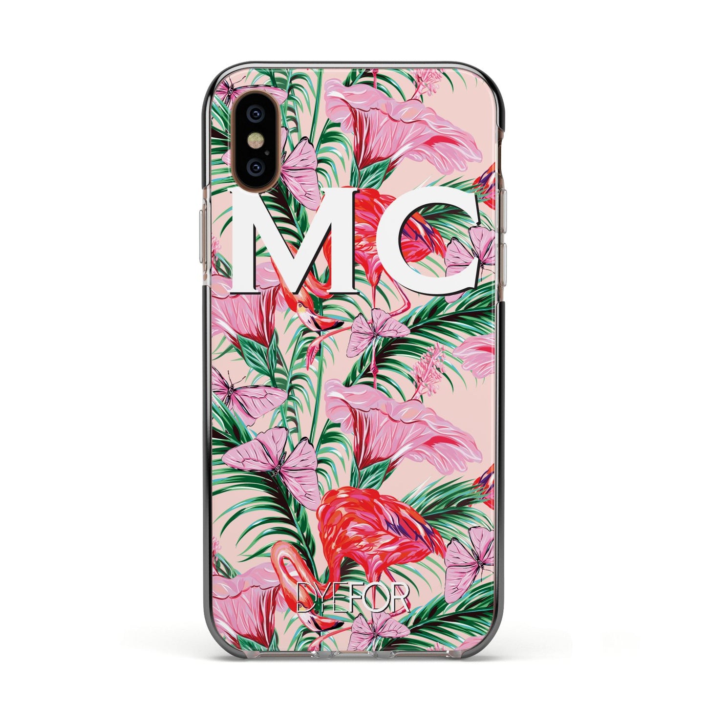 Personalised Tropical Pink Flamingo Apple iPhone Xs Impact Case Black Edge on Gold Phone