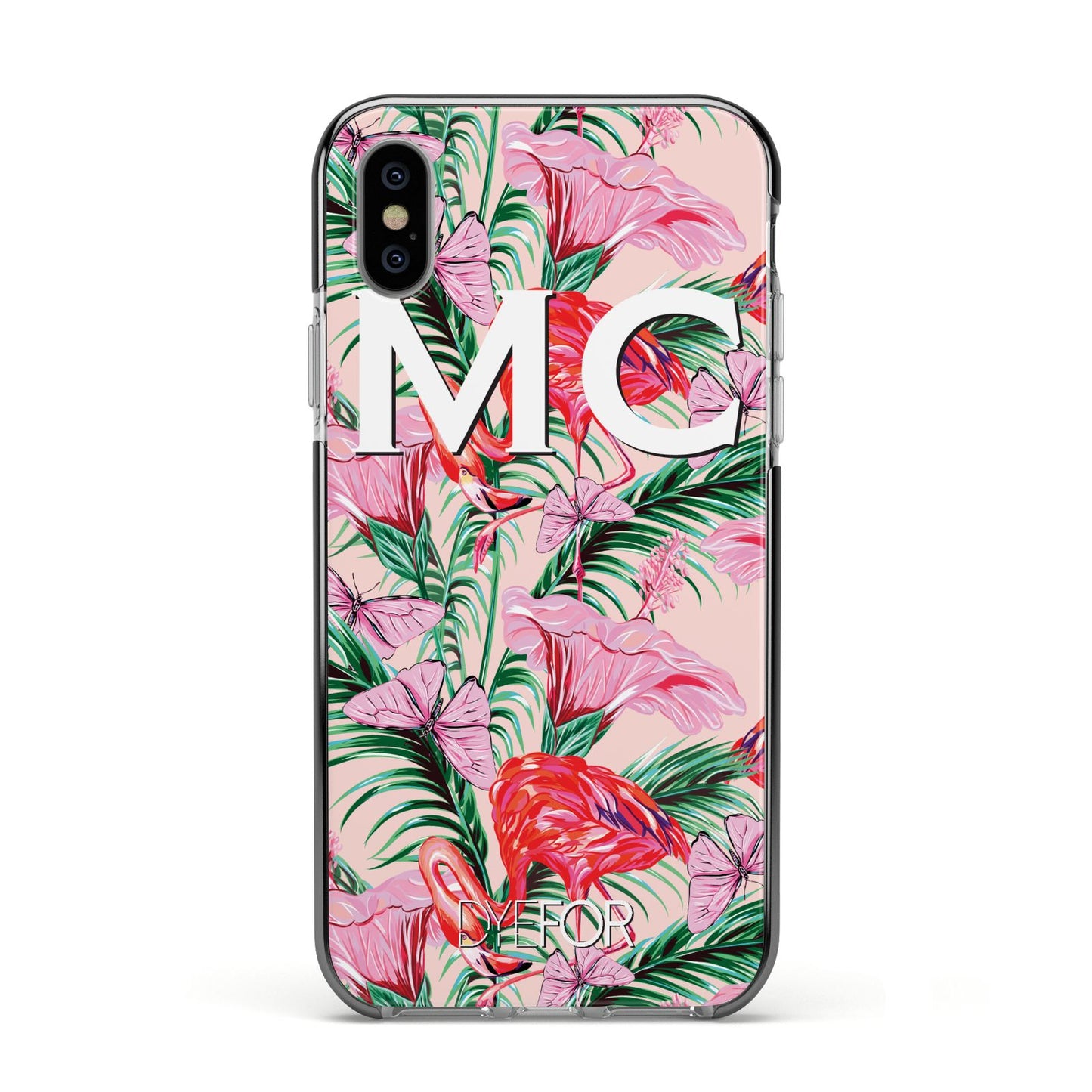 Personalised Tropical Pink Flamingo Apple iPhone Xs Impact Case Black Edge on Silver Phone