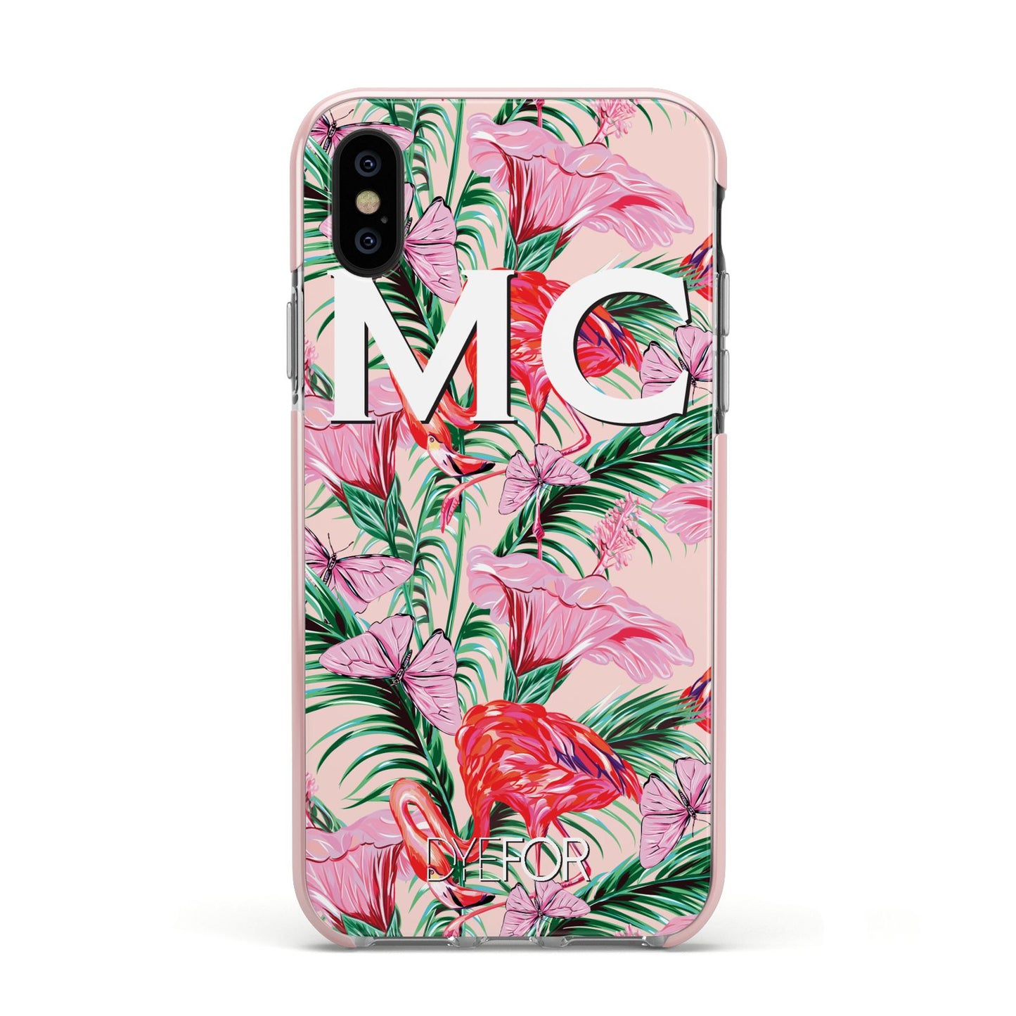 Personalised Tropical Pink Flamingo Apple iPhone Xs Impact Case Pink Edge on Black Phone